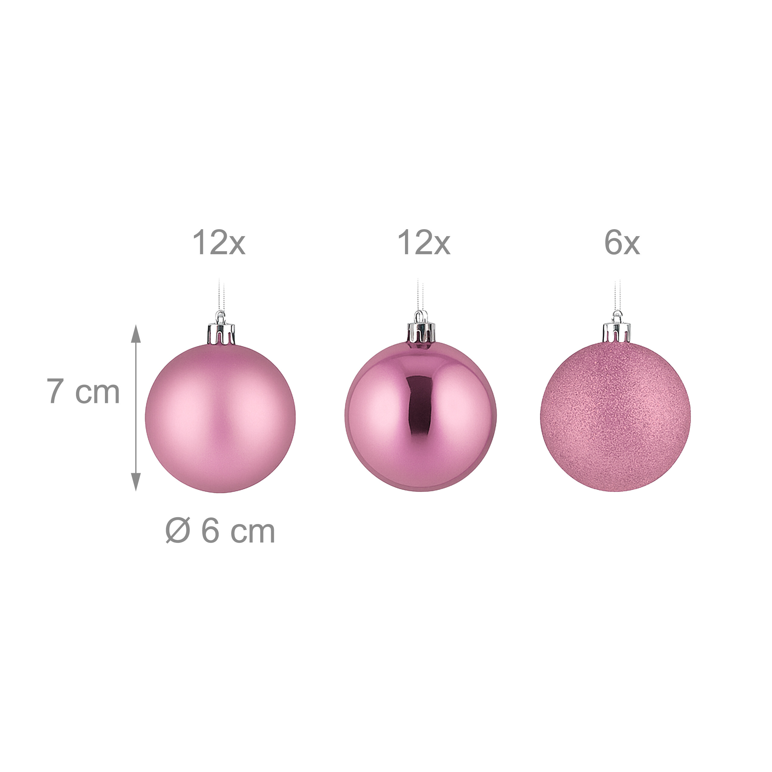 Drei rosa Weihnachtskugeln mit matten, glänzenden und Glitzer-Oberflächen, mit Mengenangaben und 7 cm Größe.