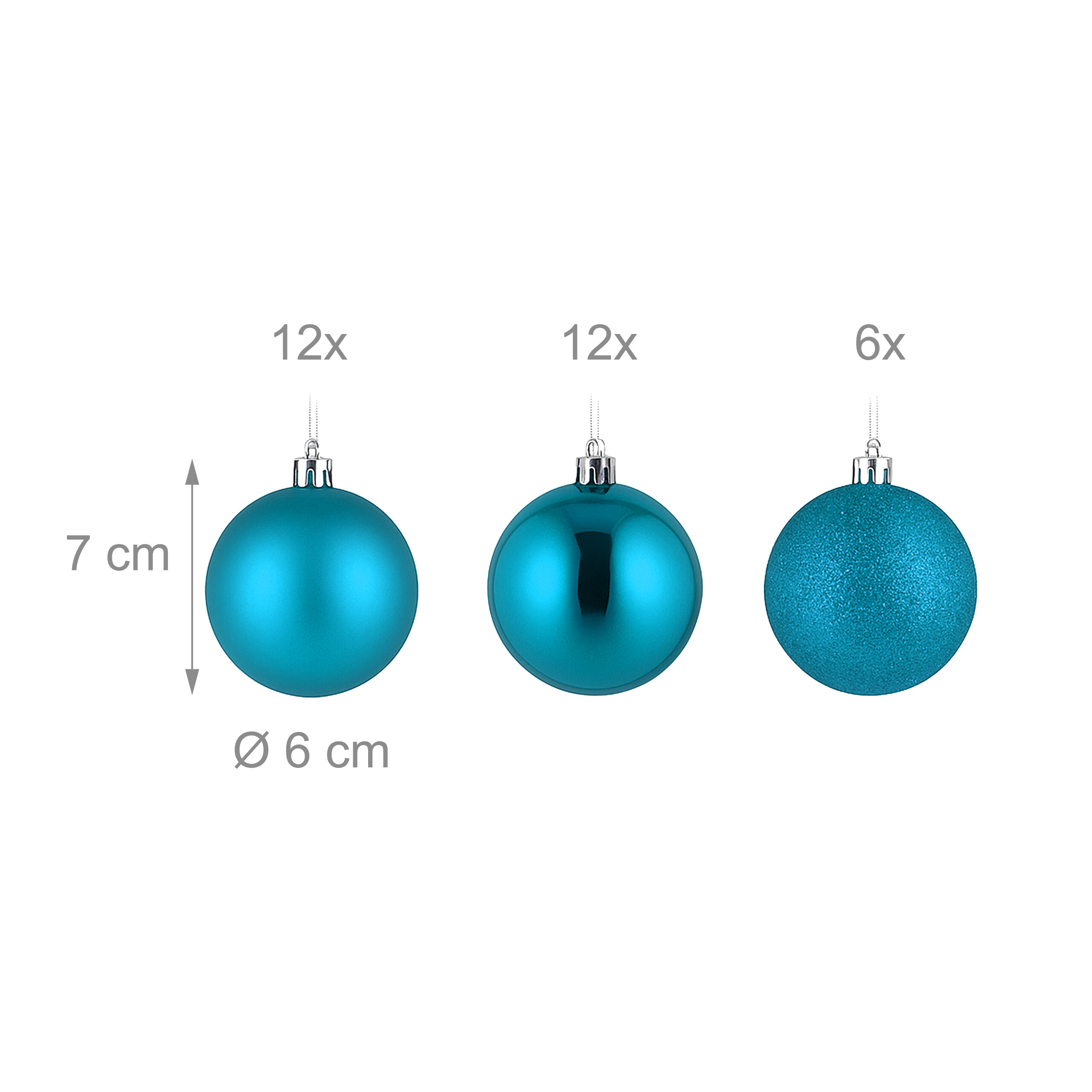Drei blaue Weihnachtskugeln mit Maßen von 7 cm Höhe und 6 cm Durchmesser sowie Mengenangaben.