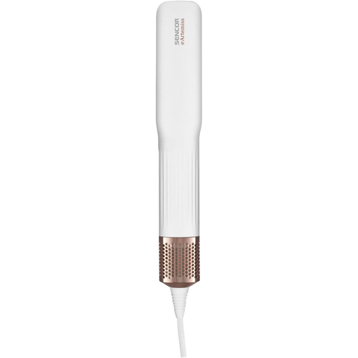 Ein weißer Haarglätter mit kupferfarbenen Details und einem weißen Kabel auf weißem Hintergrund.