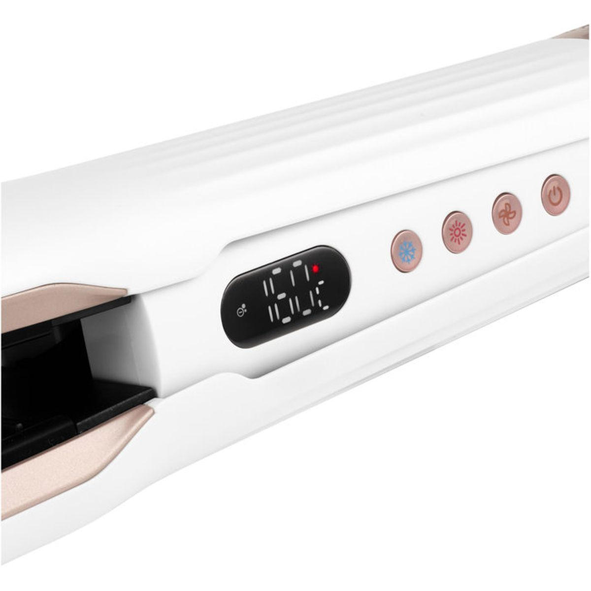 Weißes Glätteisen mit roségoldenen Akzenten, LED-Display und vier runden Tasten.