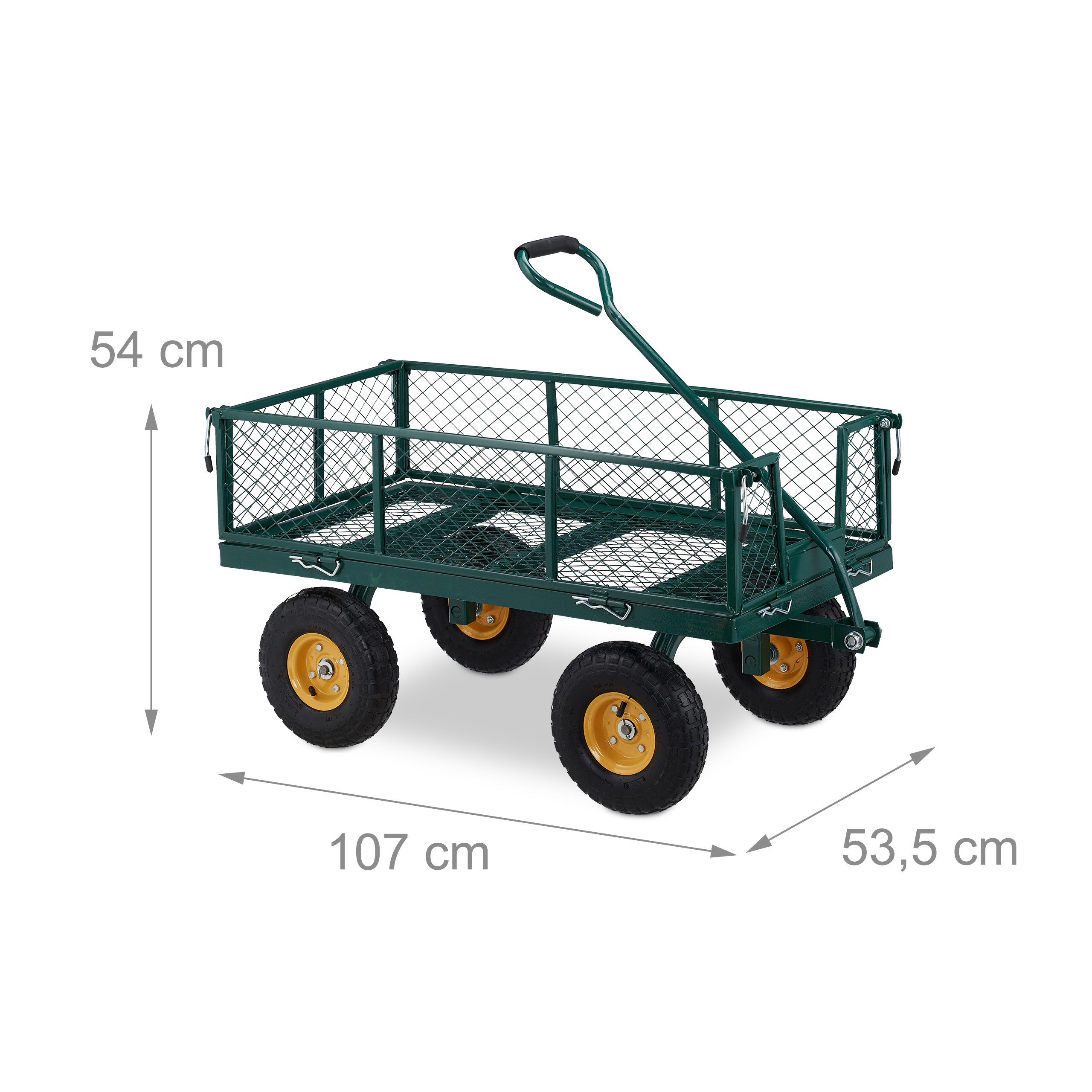Grüner Gartenwagen mit Gitterwänden und gelben Felgen, Maße 107x53,5x54 cm.