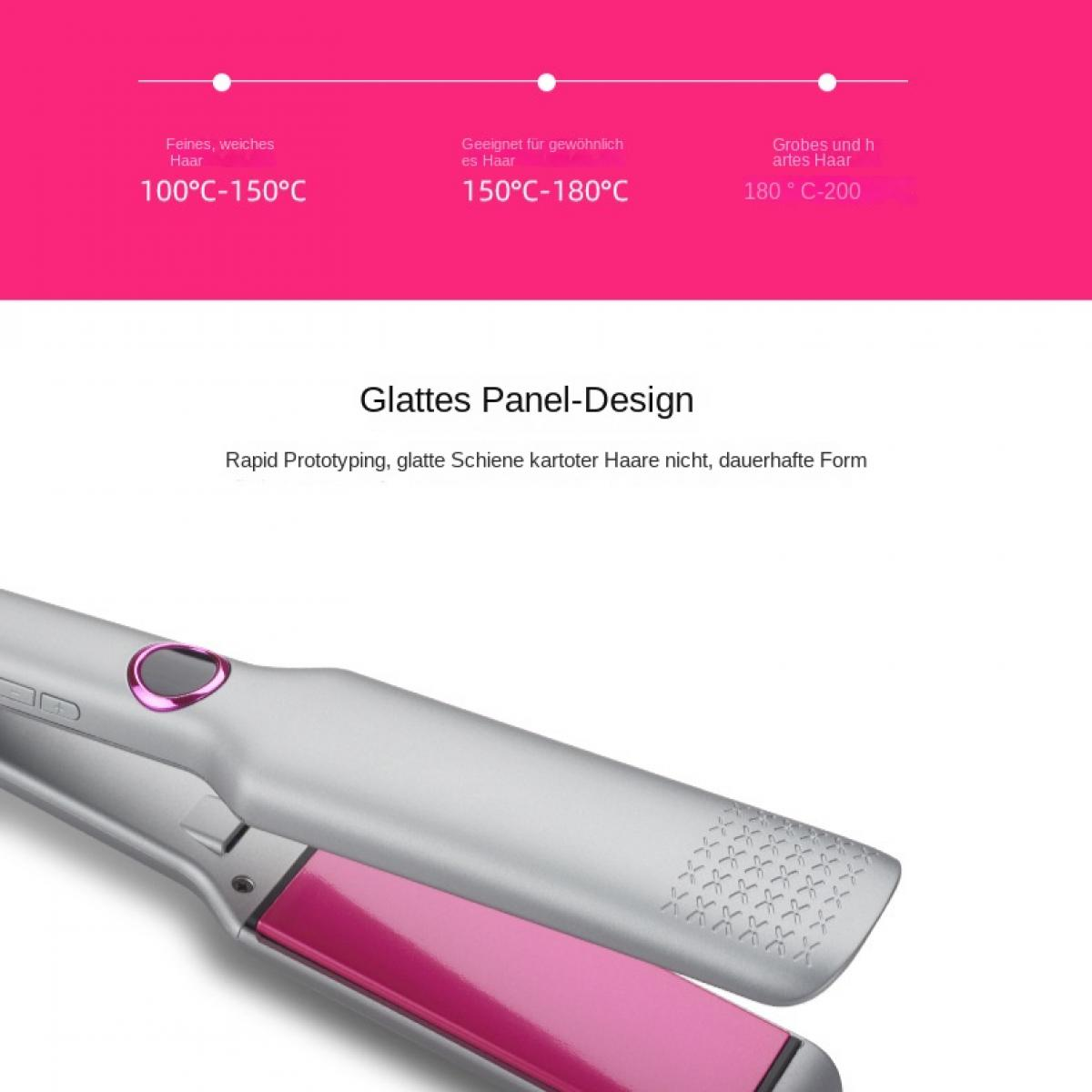 Haarglätter mit silbernem Design und rosa Platten, Temperaturstufen und Text oben.