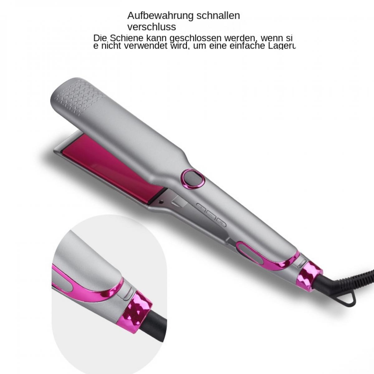 Ein silberner Haarglätter mit pinken Akzenten und einer integrierten Verriegelung zur Aufbewahrung.