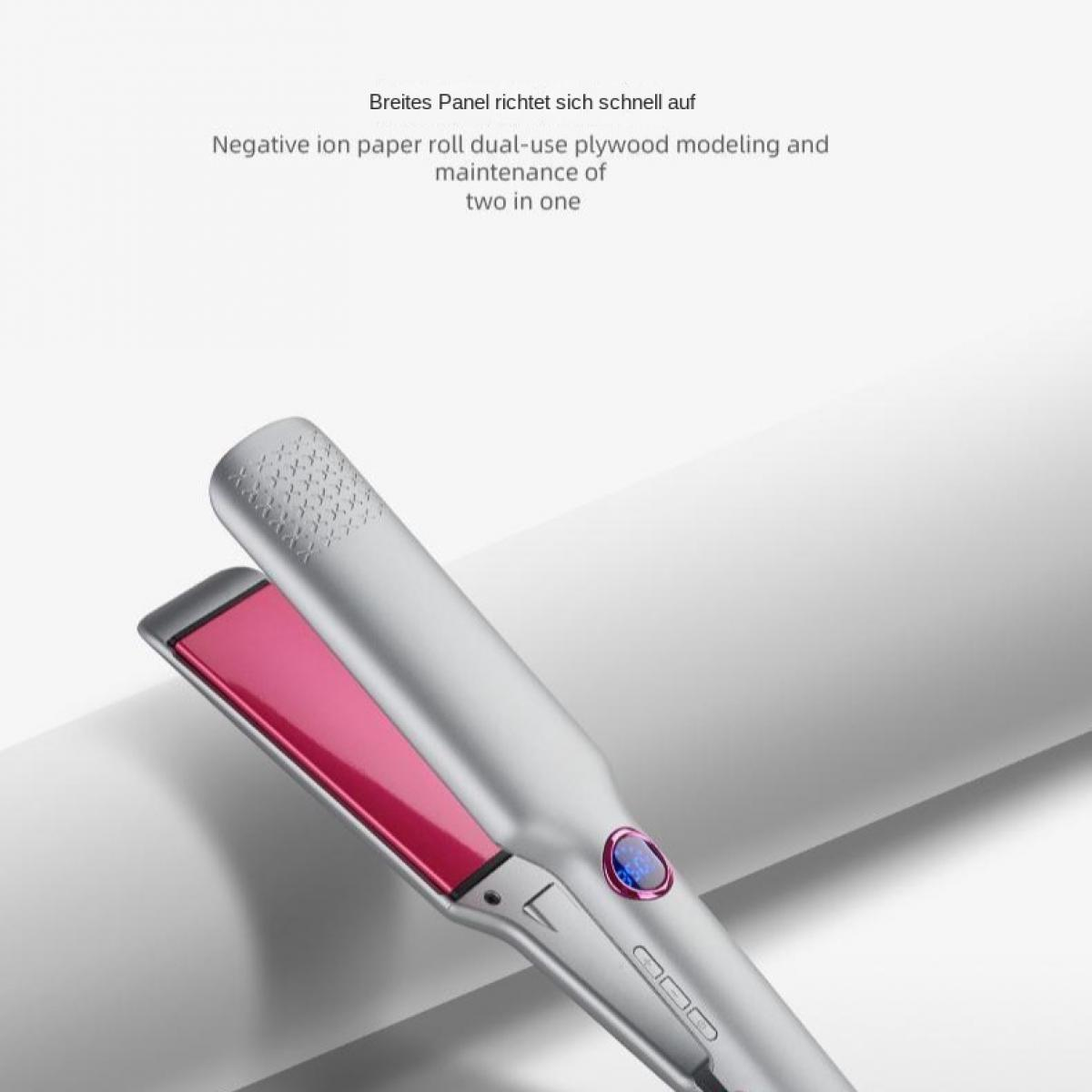 Silberner Haarglätter mit pinkfarbenen Platten und digitalem Display vor neutralem Hintergrund.