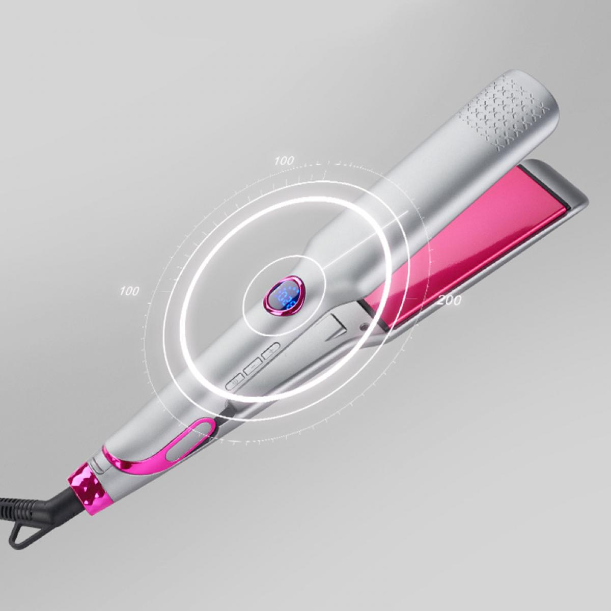 Ein silberner Haarglätter mit leuchtend rosa Platten und digitalen Bedienelementen, der auf grauem Hintergrund schwebt.