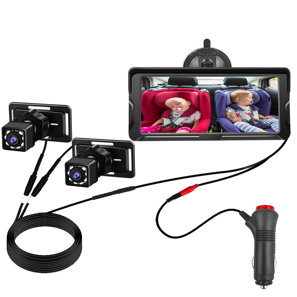 Auto-Babyspiegel mit zwei Kameras, Kabeln und einem Stecker für den Zigarettenanzünder.