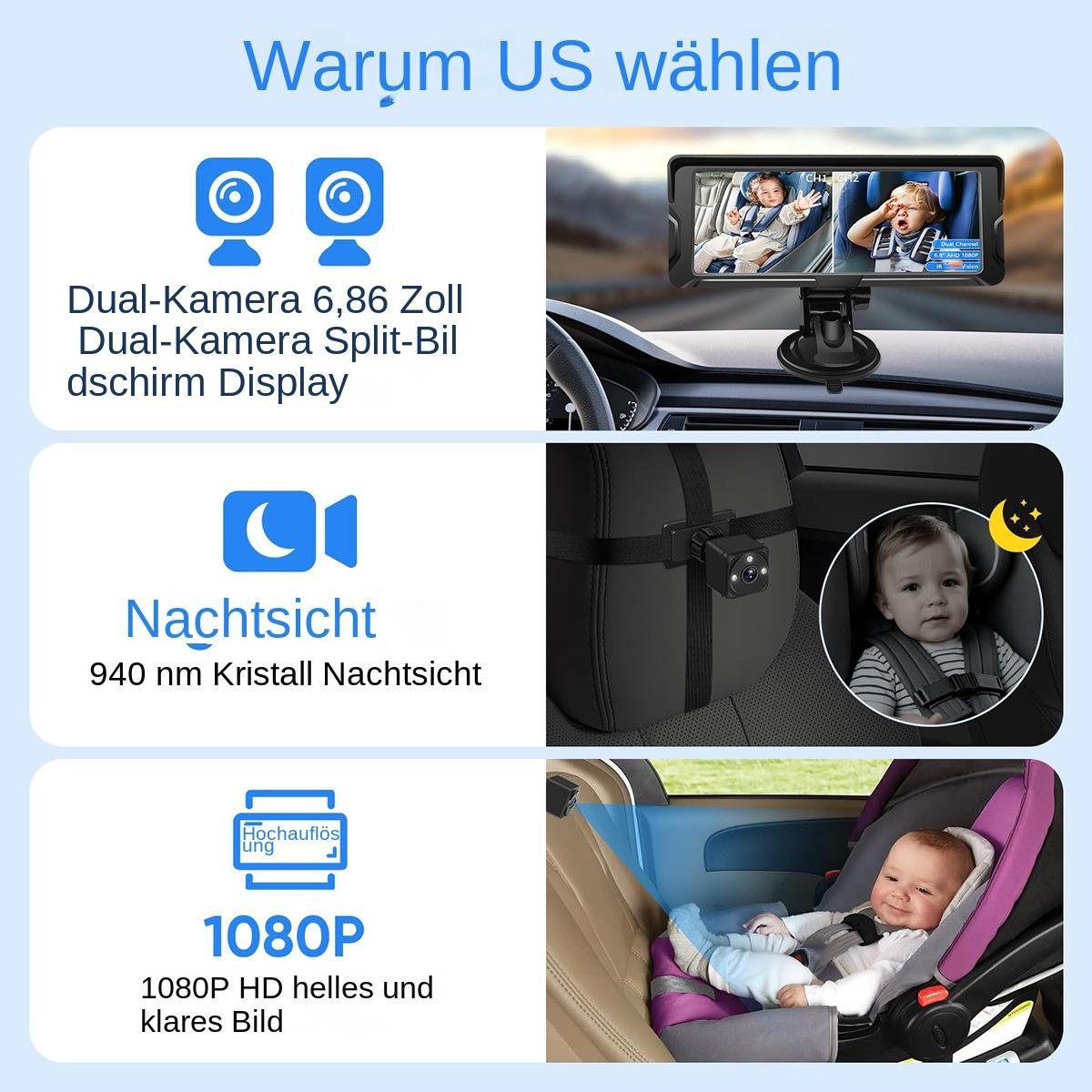 Dual-Autokamera mit Split-Screen, Nachtsicht und 1080P HD-Auflösung zur Überwachung von Babys.