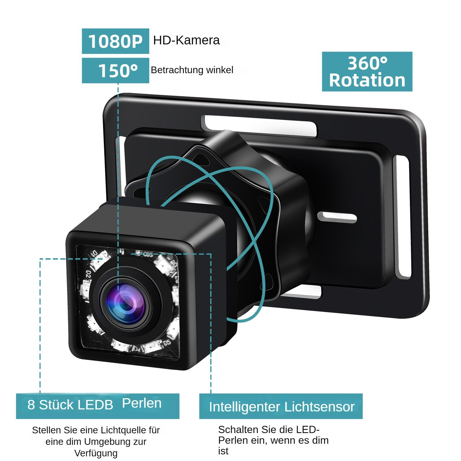 Rückfahrkamera mit 1080P, 150-Grad-Winkel, 360-Grad-Rotation und LED-Perlen auf einem Halter.