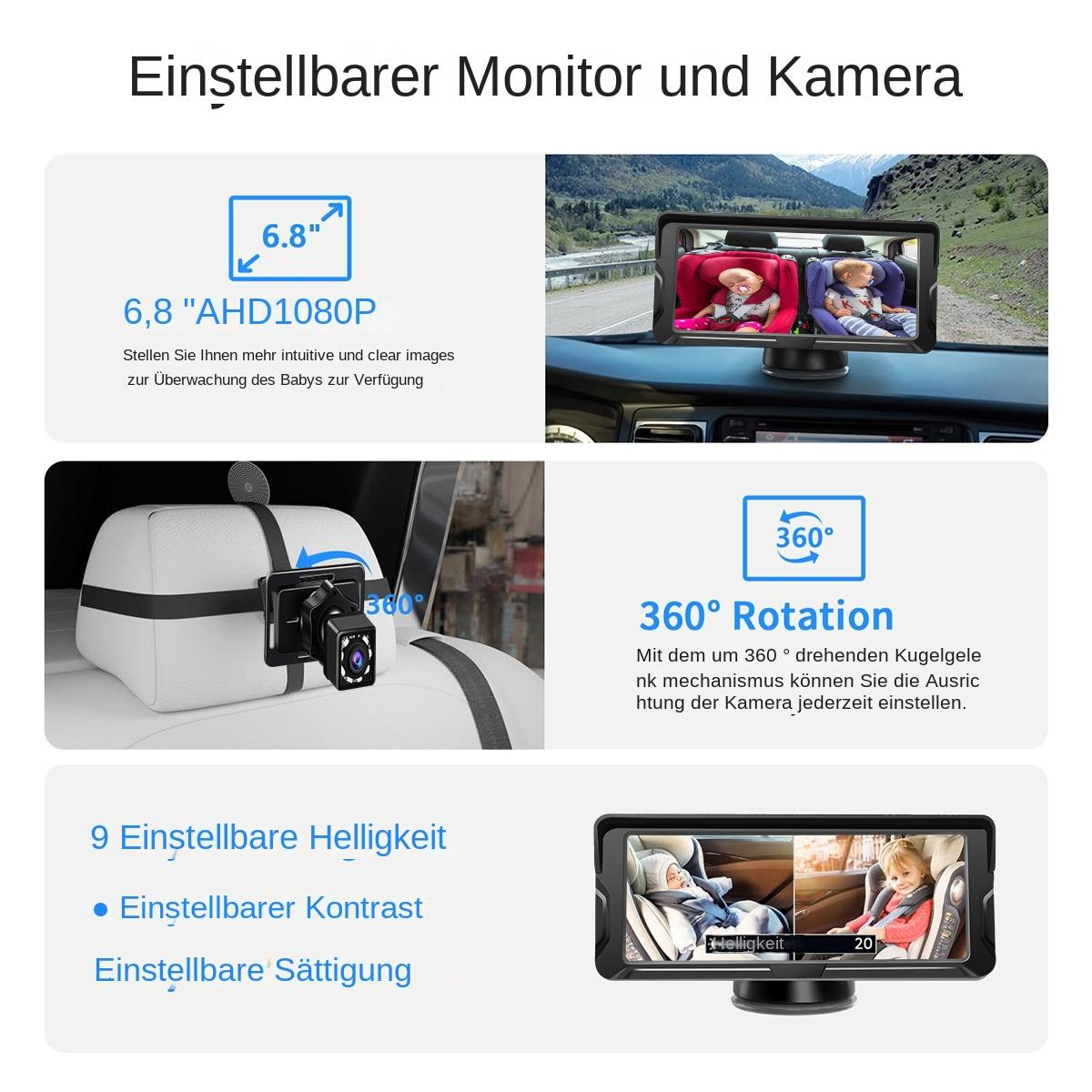 Ein Produktflyer zeigt einen Auto-Babymonitor mit 6,8-Zoll-Display, 360-Grad-Rotation und einstellbarer Helligkeit.