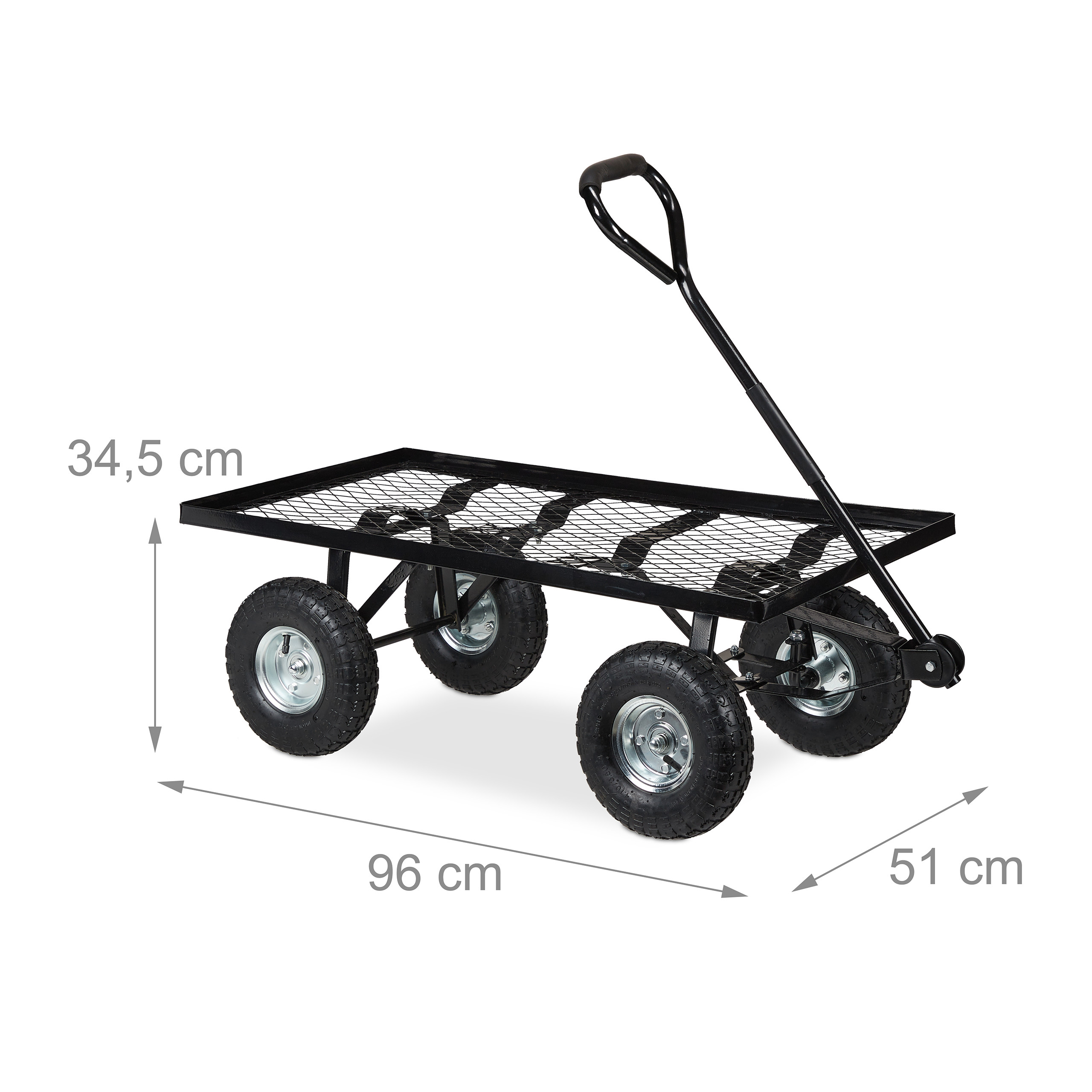 Schwarzer Handwagen mit Gitterfläche und vier Rädern, mit Maßangaben von 34,5 cm Höhe, 96 cm Länge und 51 cm Breite.