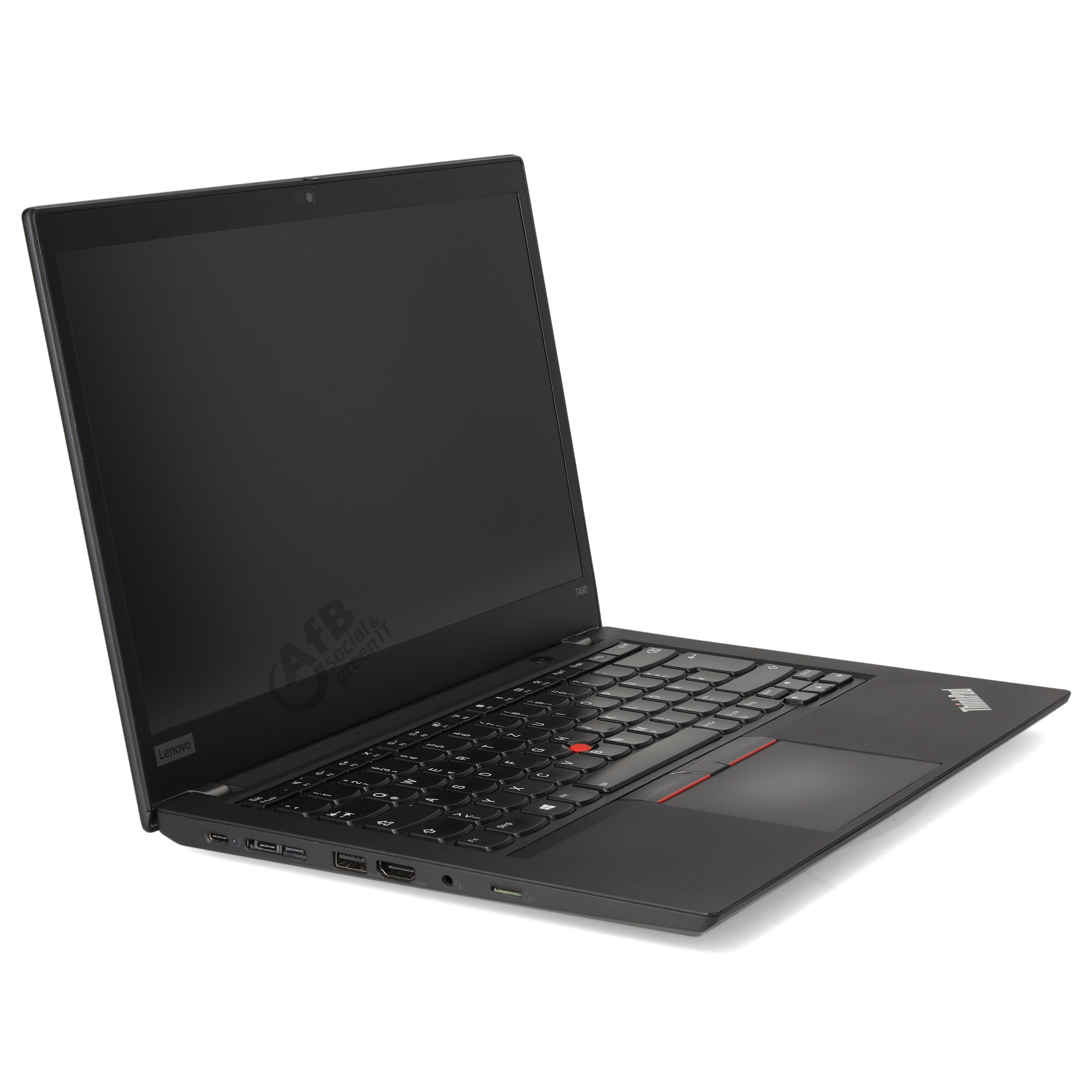 Ein schwarzer Lenovo Laptop auf weißem Hintergrund mit Firmenlogo auf dem Bildschirm.