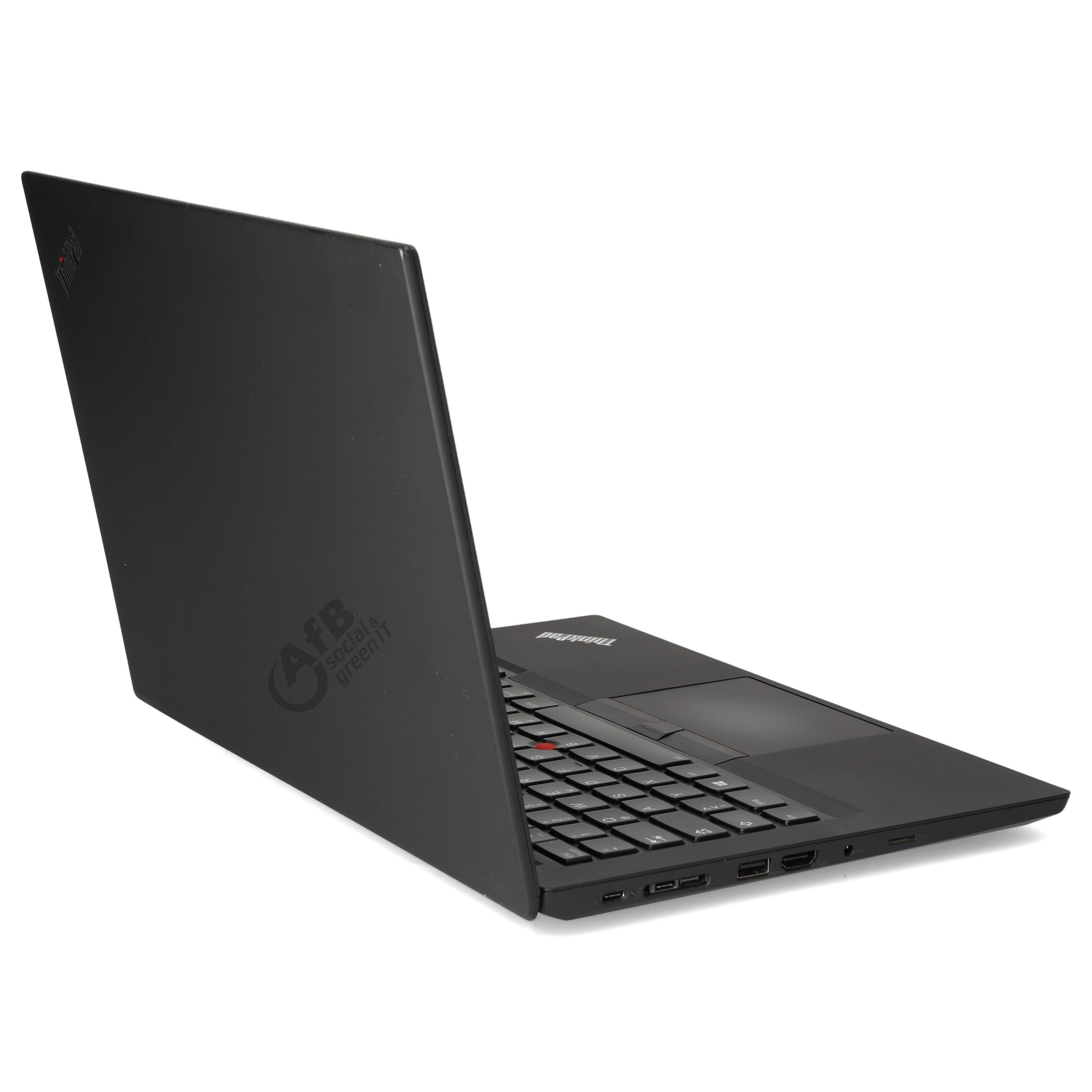 Ein offener schwarzer ThinkPad-Laptop steht auf einer weißen Oberfläche mit AfB-Logo auf dem Deckel.