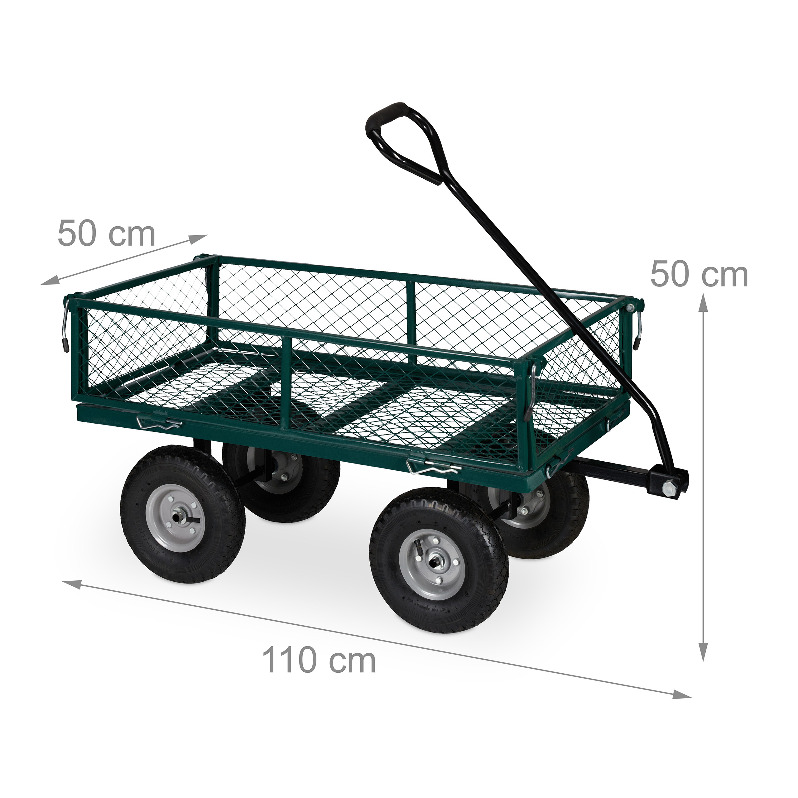 Grüner Gartenwagen mit Gitterwänden und vier Reifen, Maße 110x50x50 cm, auf weißem Hintergrund.
