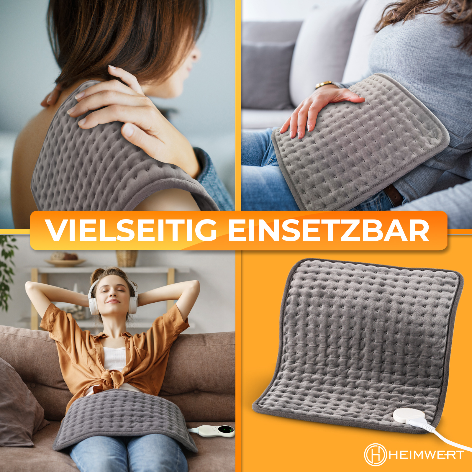 Vier Bilder zeigen eine graue Heizkissen in verschiedenen Anwendungen am Körper und einzeln.