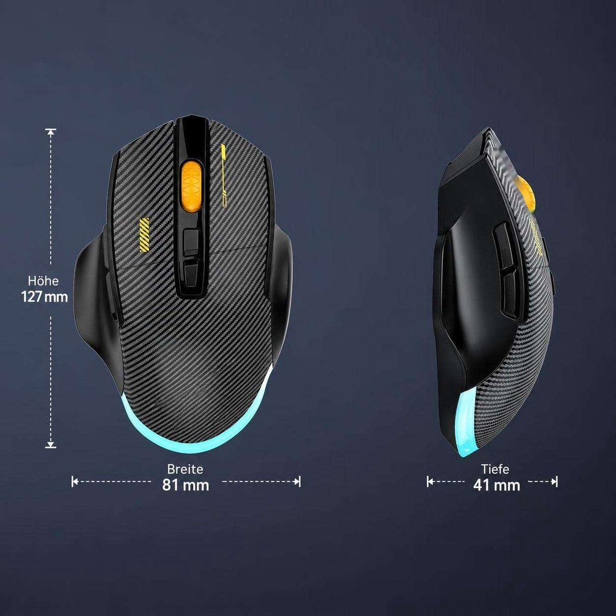 Schwarze Gaming-Maus mit gelben Akzenten, blauer Unterbodenbeleuchtung und Maßangaben in Millimetern.
