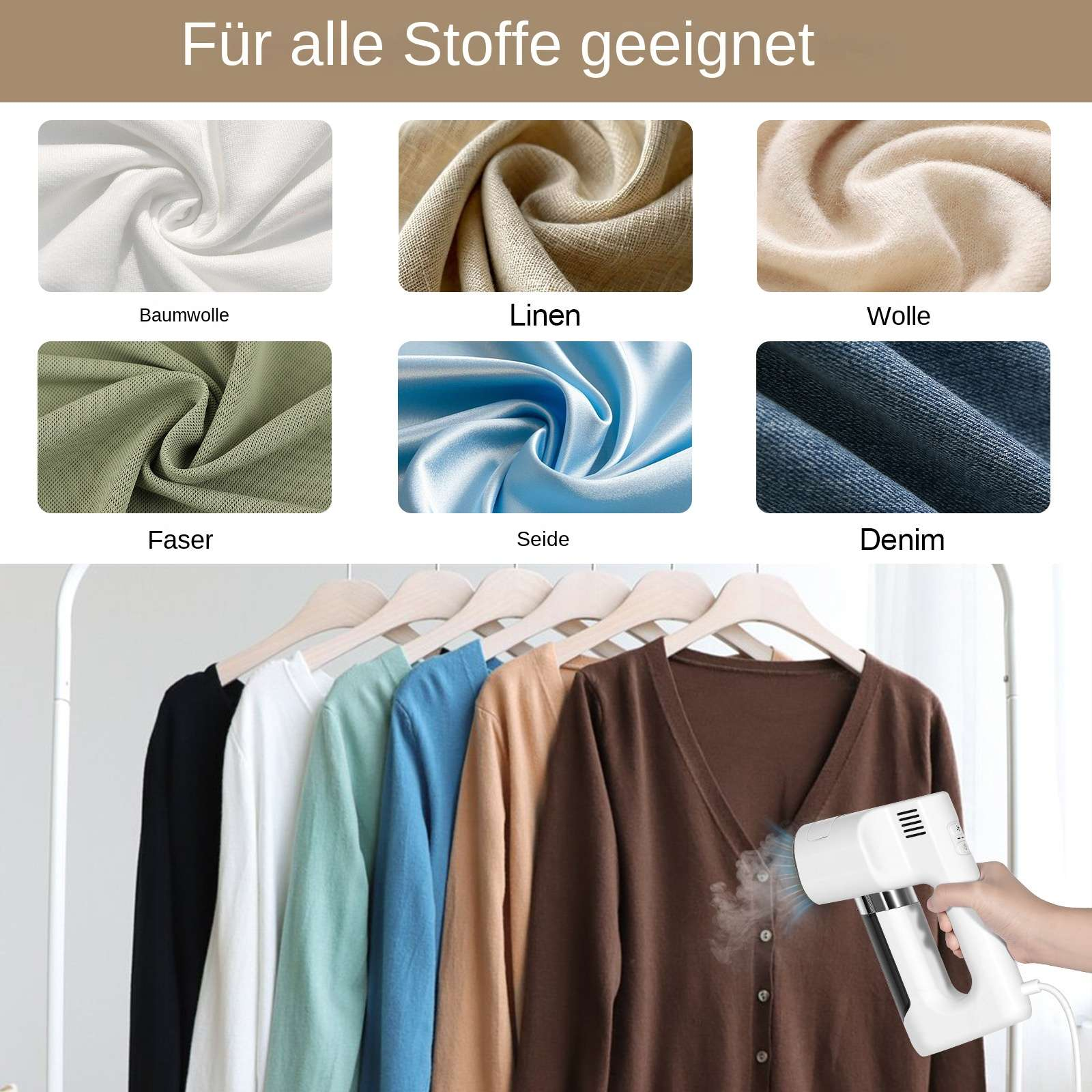 Collage aus verschiedenen Stoffen und einer Hand, die eine Strickjacke auf einem Ständer dämpft.