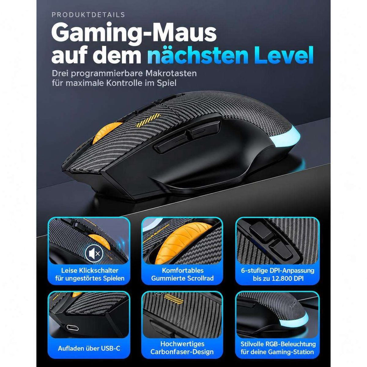 Produktwerbung für eine Gaming-Maus mit Carbonfaser-Design, RGB-Beleuchtung und Makrotasten.