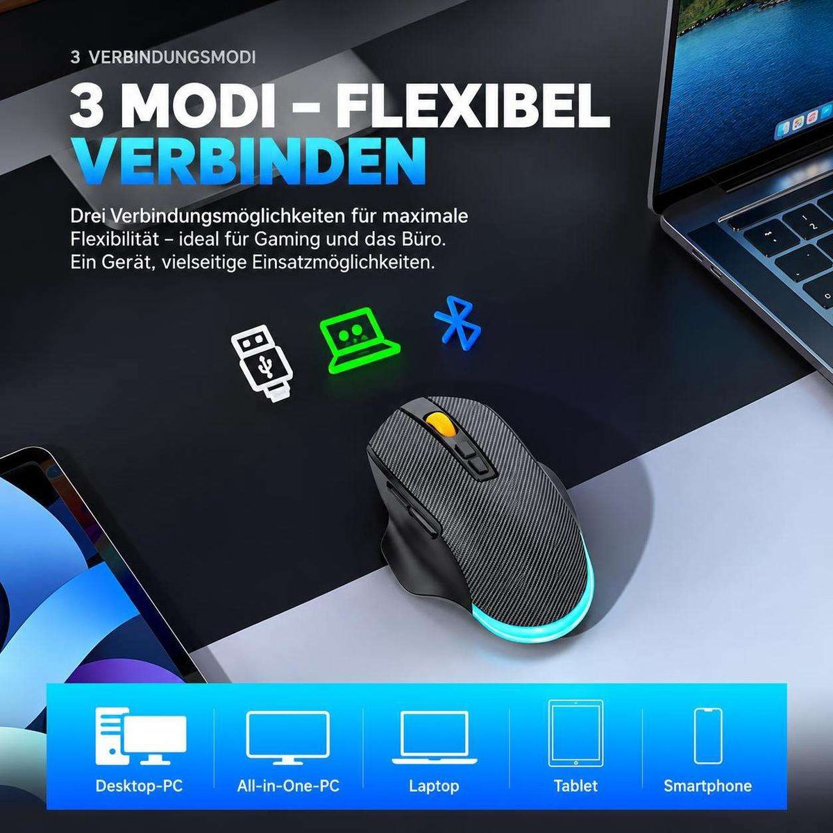 Eine schwarze kabellose Gaming-Maus mit LED-Beleuchtung auf einem Schreibtisch neben einem Laptop.