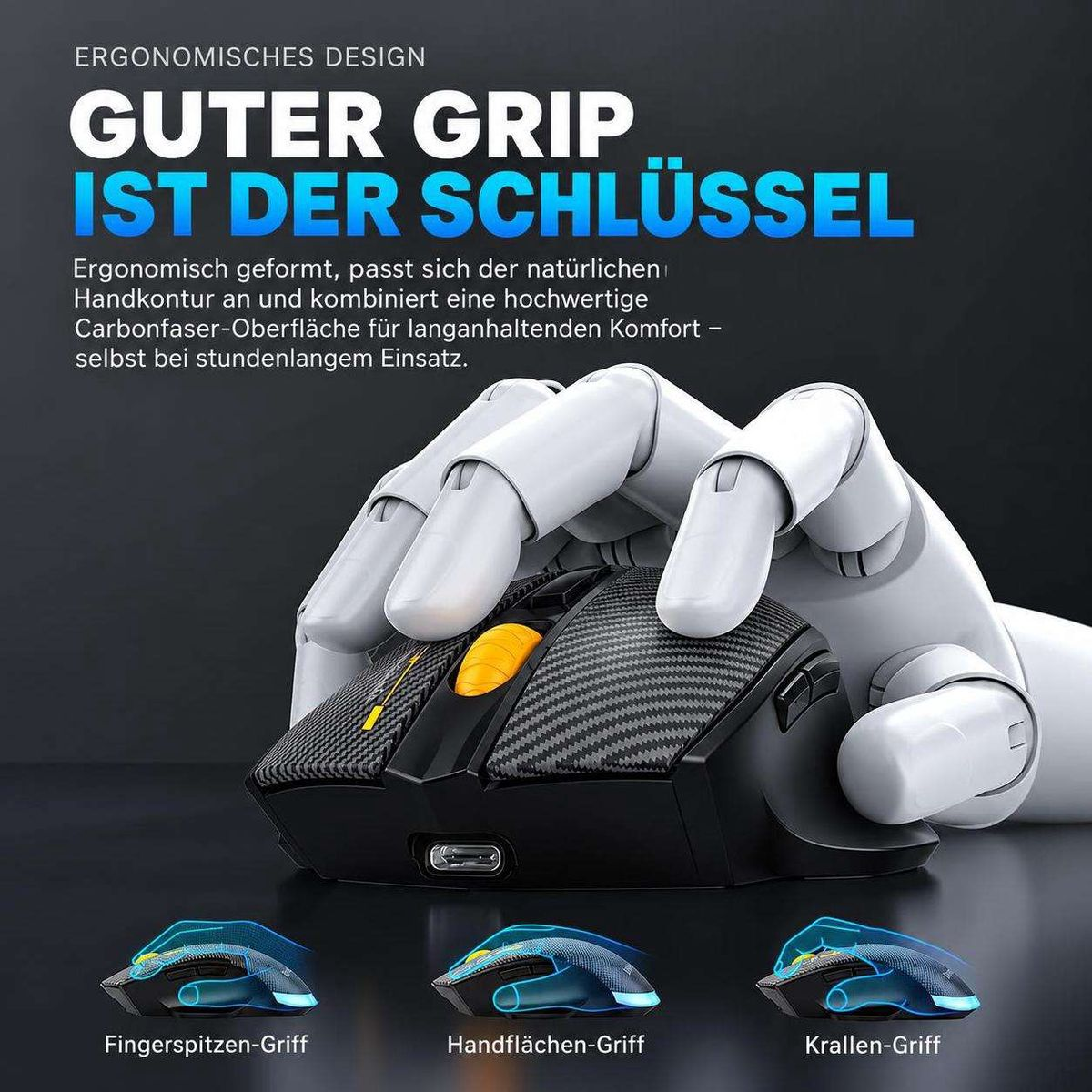 Eine weiße Roboterhand greift eine ergonomische schwarze Gaming-Maus mit Kohlefaser-Optik.