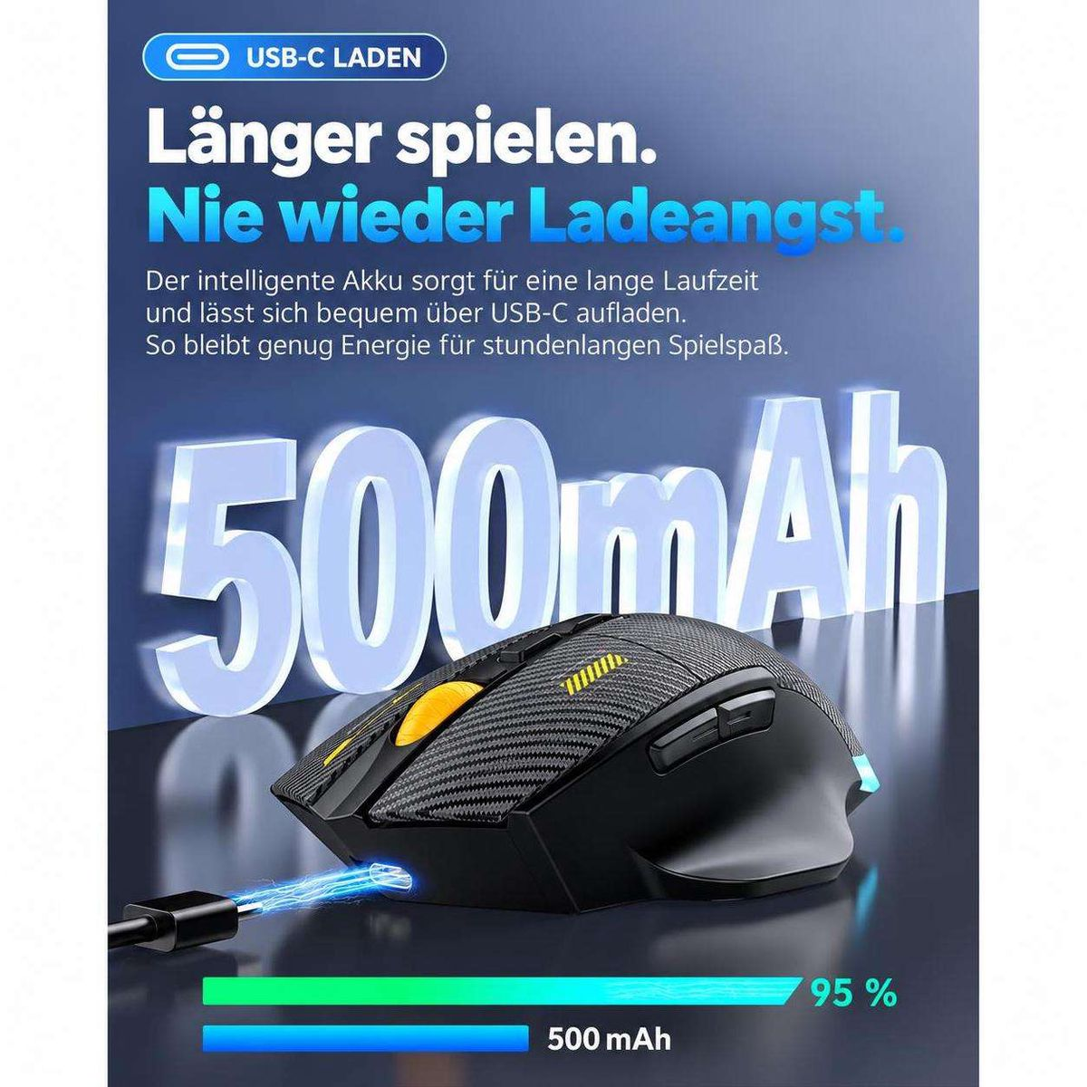 Eine schwarze kabellose Gaming-Maus mit 500mAh Akku und USB-C-Ladefunktion vor blauem Hintergrund.