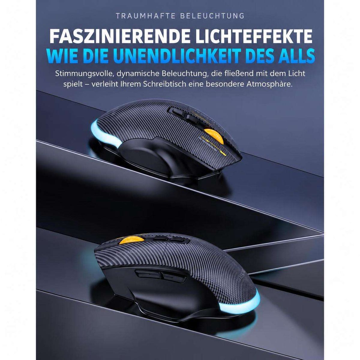 Zwei schwarze Computer-Mäuse mit Kohlefaser-Muster und blauer Beleuchtung vor einem dunklen Hintergrund.