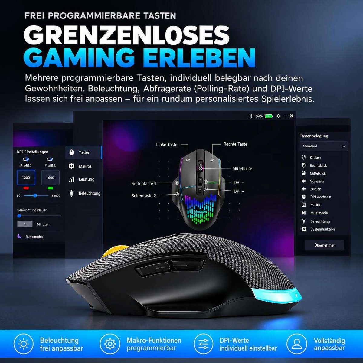 Eine kabellose Gaming-Maus mit anpassbaren Tasten und Software-Oberfläche für DPI- und Beleuchtungseinstellungen.