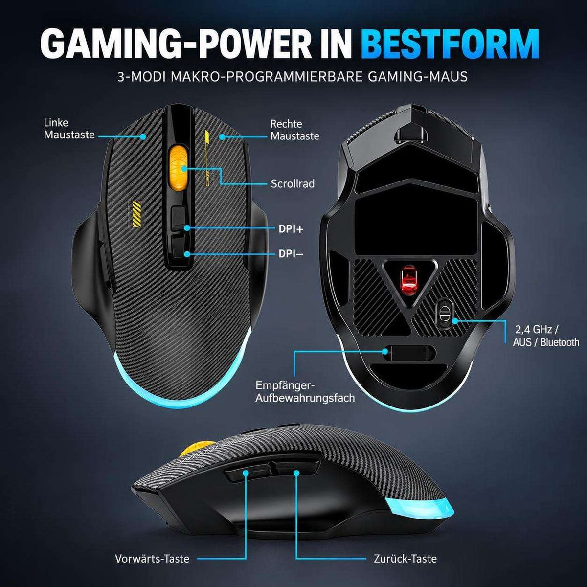 Gaming-Maus mit programmierbaren Tasten, Scrollrad, DPI-Schalter und deutscher Beschriftung auf dunklem Hintergrund.