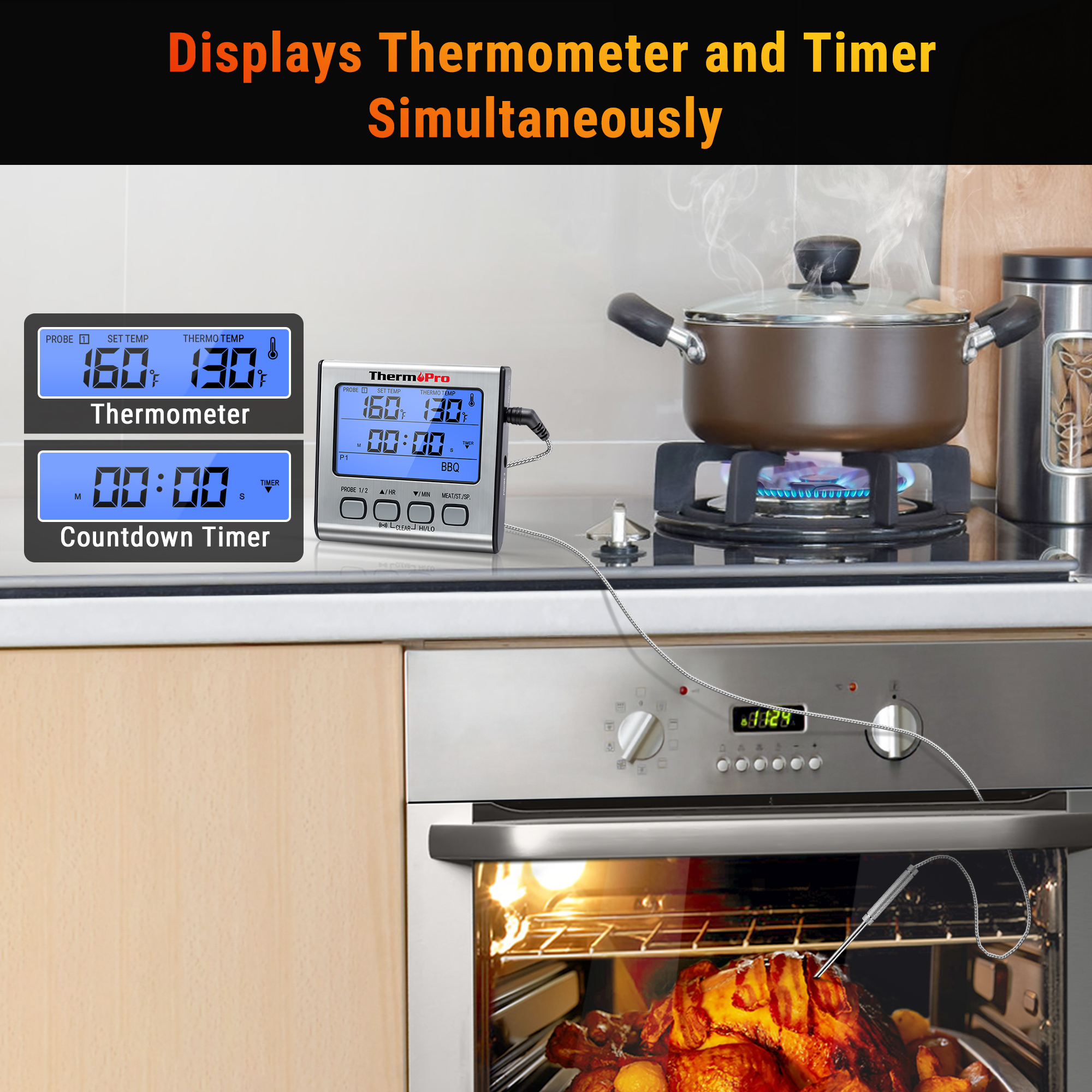 Ein digitaler Fleischthermometer und Timer zeigt Temperaturen und Zeit in einer Küche mit Ofen und Topf an.