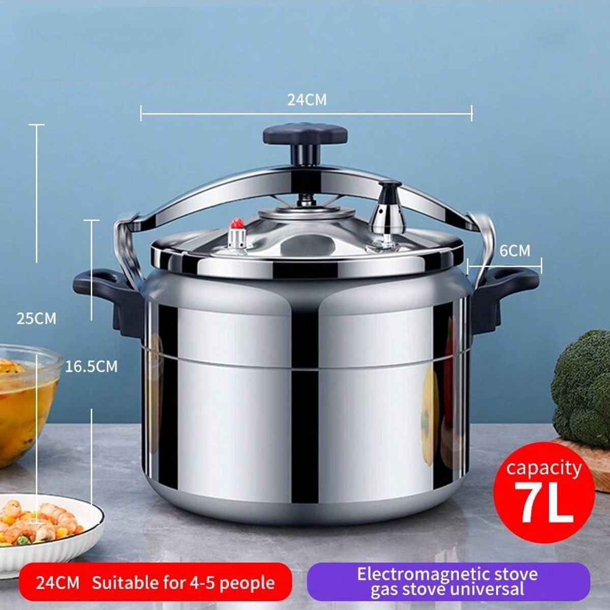 Una olla a presión plateada de 7L con dimensiones, asas y tapa, colocada en la encimera.