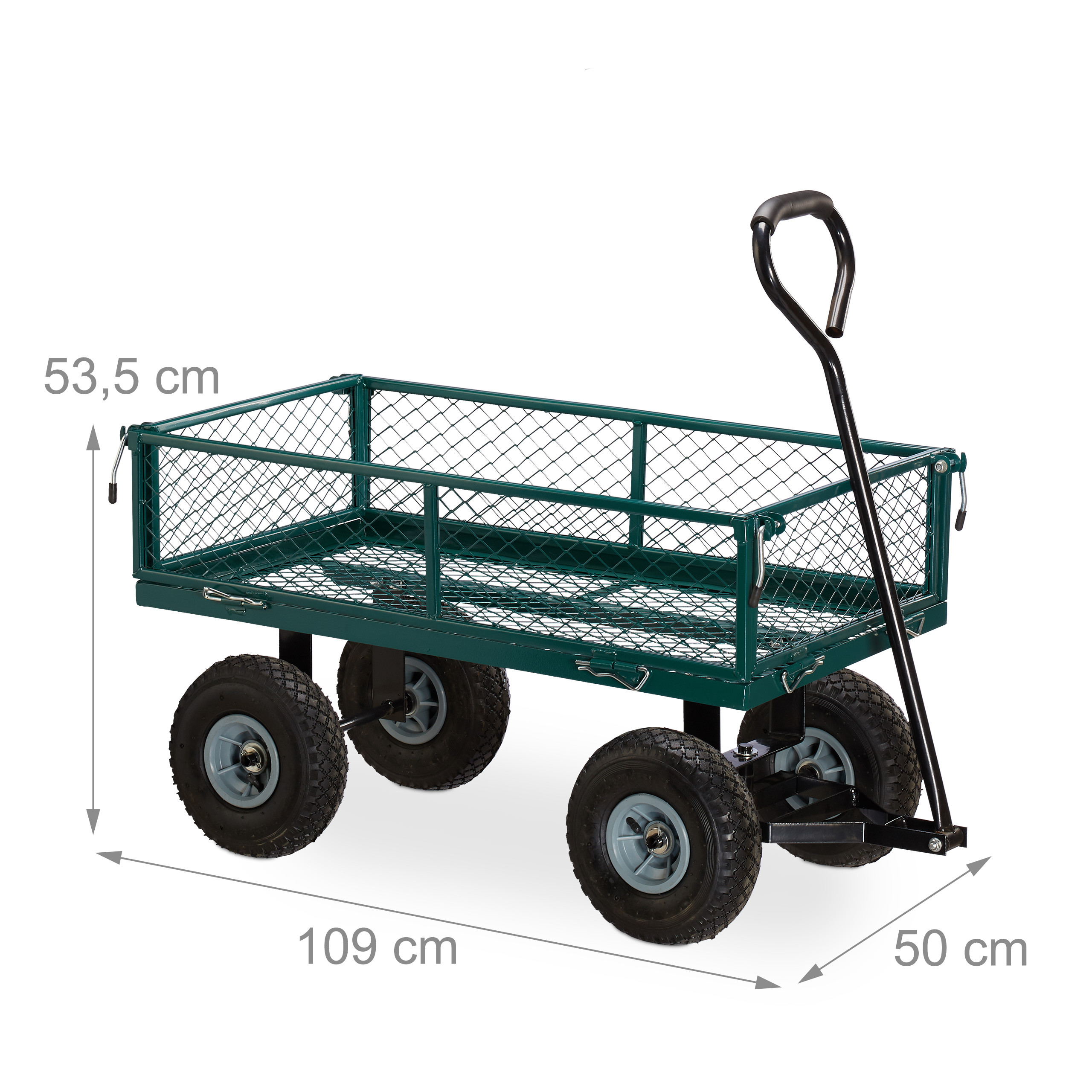 Grüner Metall-Gartenwagen mit vier Luftreifen und langer Deichsel, mit Maßangaben.