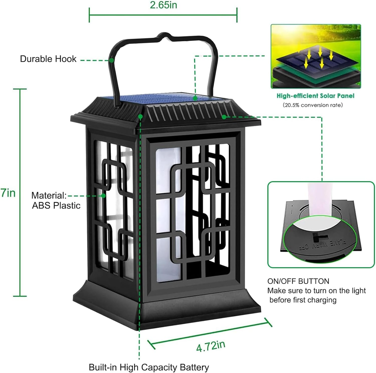 Schwarze Solar-Hängelaterne mit Maßangaben, Solarpanel und Ein-/Ausschalter.
