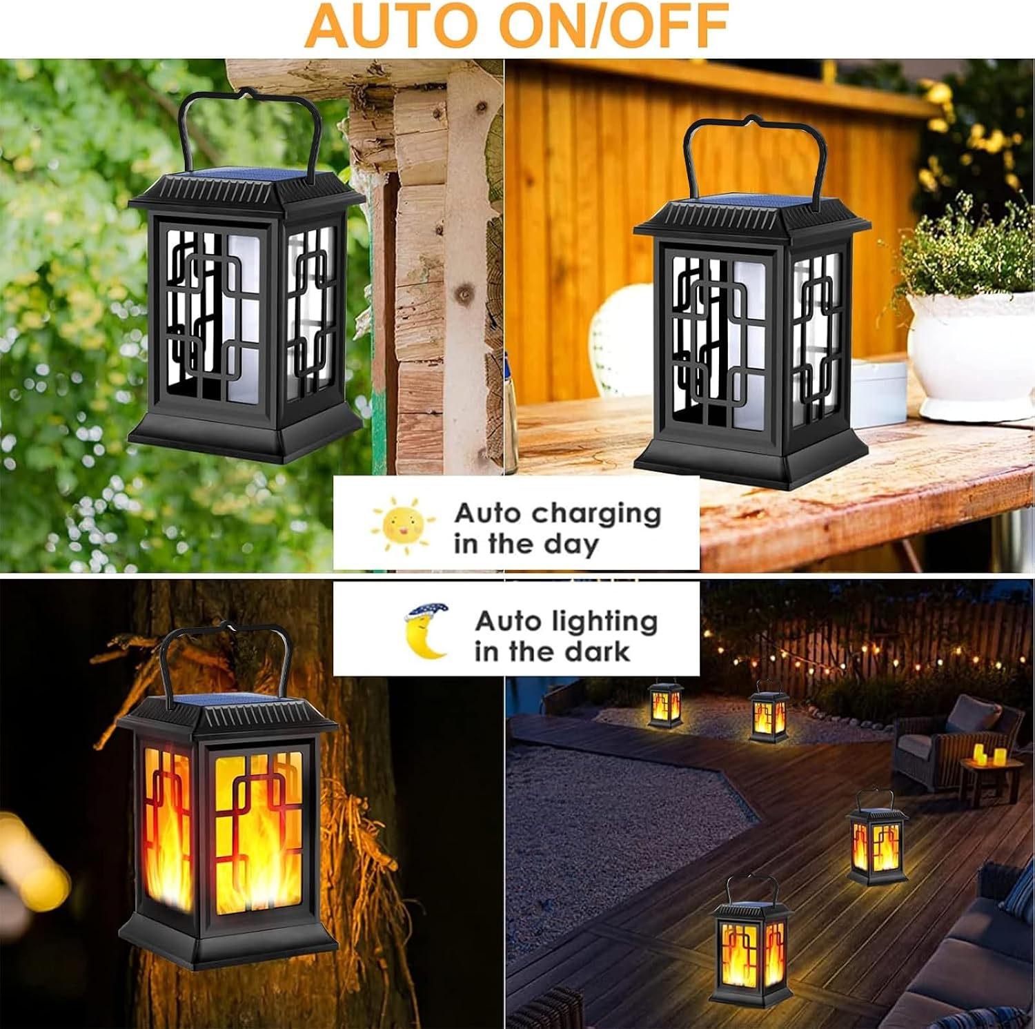 Solar-Laterne mit Auto-An/Aus-Funktion zeigt Flammen-Lichteffekt in einem Garten.
