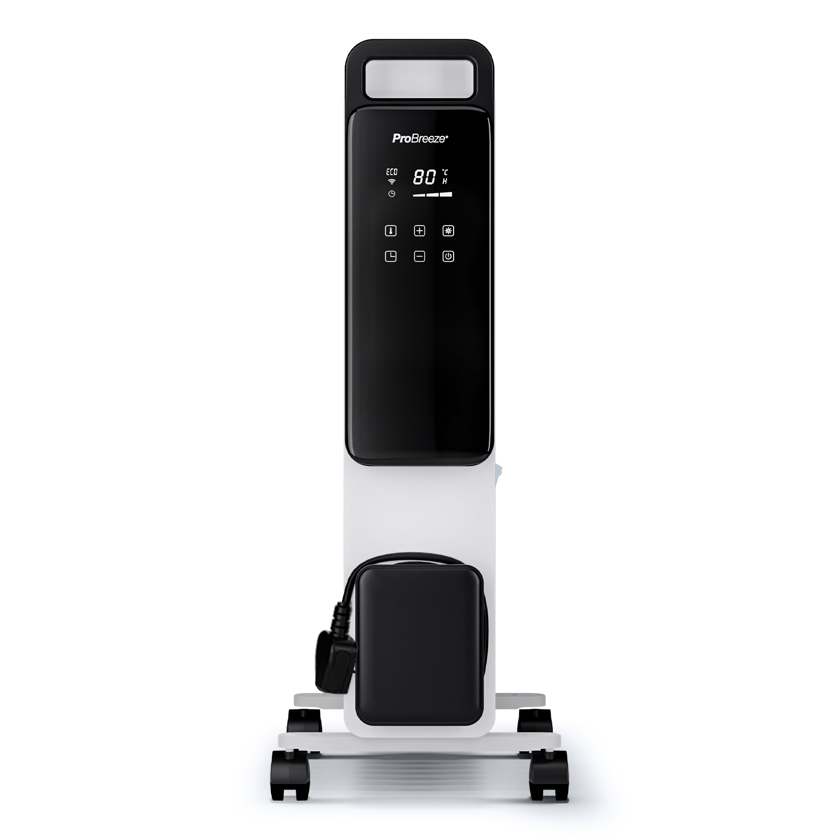 Ein schwarz-weißer Pro Breeze Heizlüfter auf Rollen mit digitalem Display und Bedienfeld.