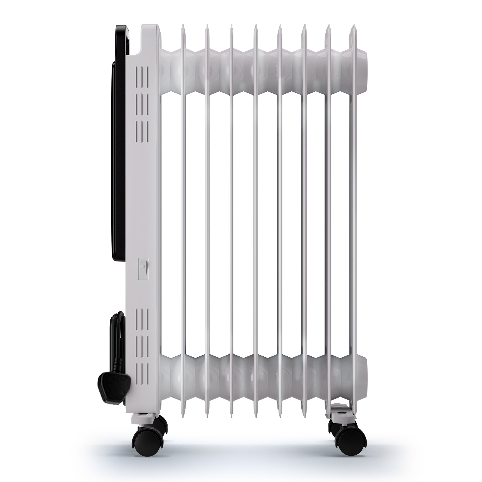 Ein weißer ölgefüllter Radiator mit schwarzen Details und Rollen steht auf weißem Hintergrund.