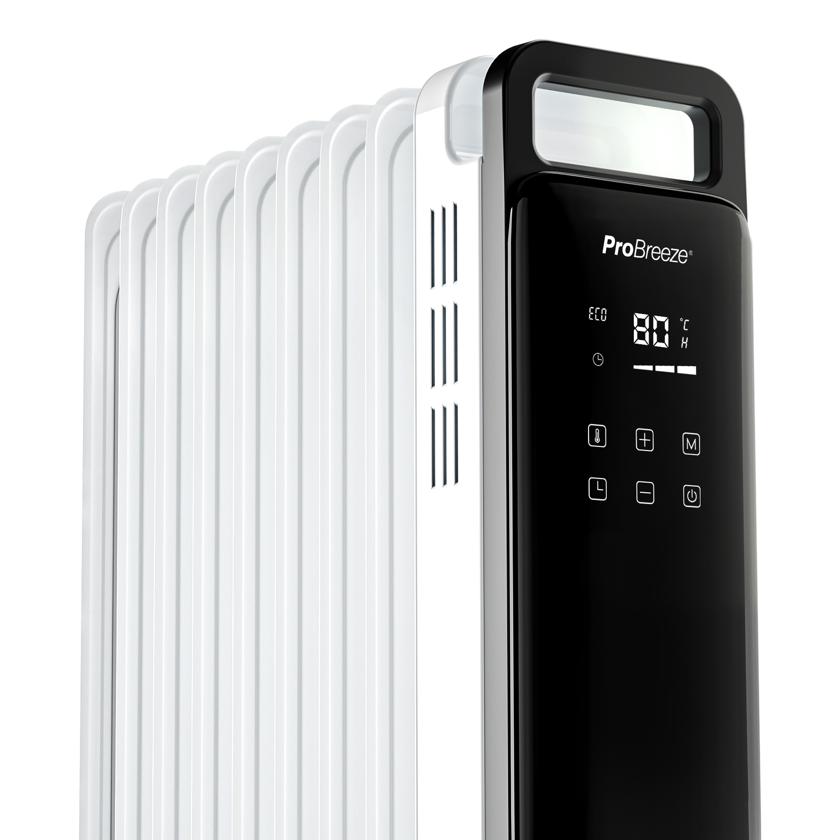 Ein weißer Ölradiator mit schwarzem Digital-Bedienfeld und Griff von ProBreeze vor weißem Hintergrund.