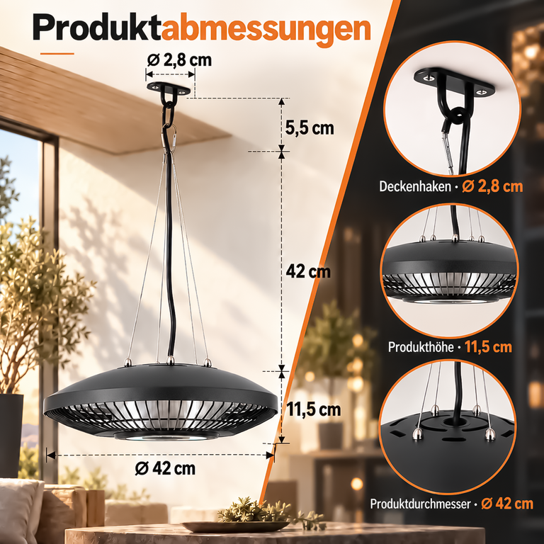 Diagramm zeigt Produktabmessungen einer schwarzen Hänge-Heizlampe mit Maßen für Höhe, Durchmesser und Haken.