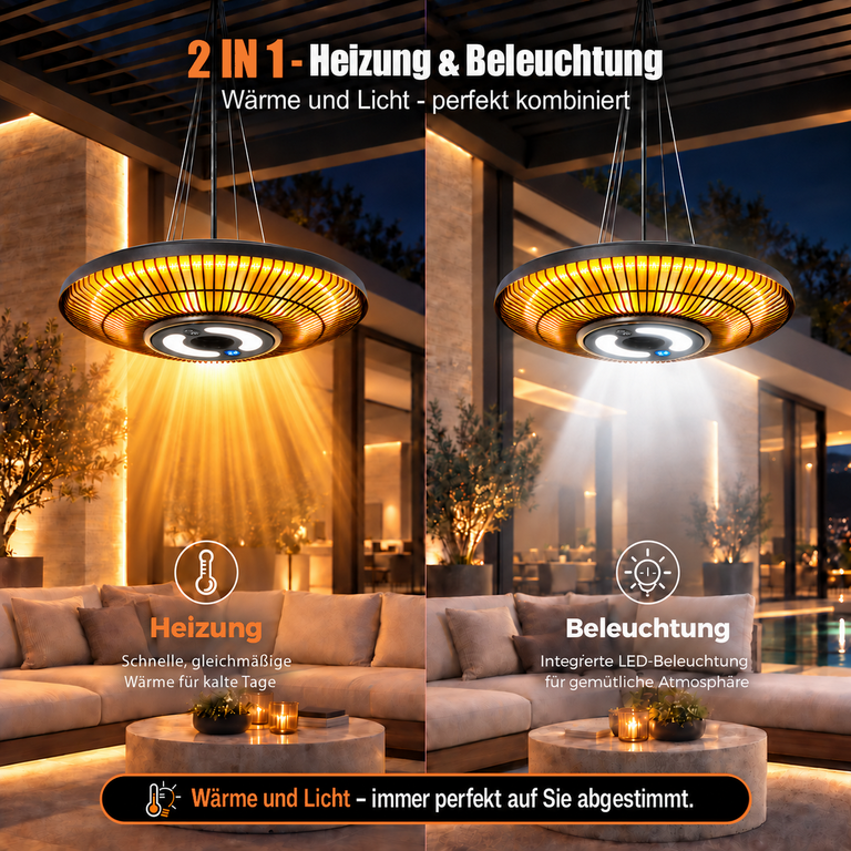 Eine hängende Infrarot-Heizung mit LED-Beleuchtung über einer modernen Outdoor-Sitzlounge.