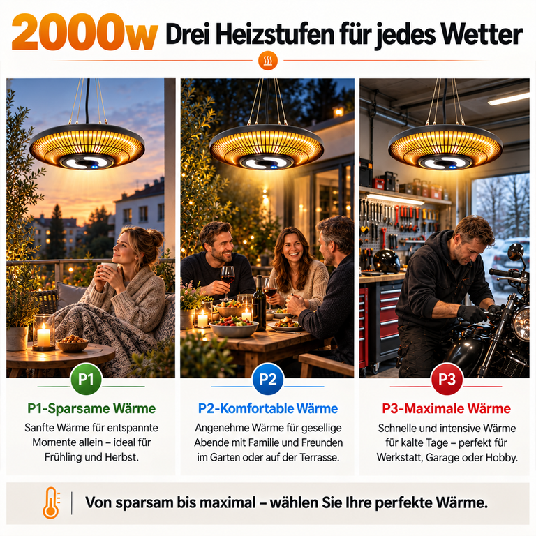 Drei Heizstufen eines 2000W Heizstrahlers für Terrasse, Garten und Werkstatt bei verschiedenen Aktivitäten.