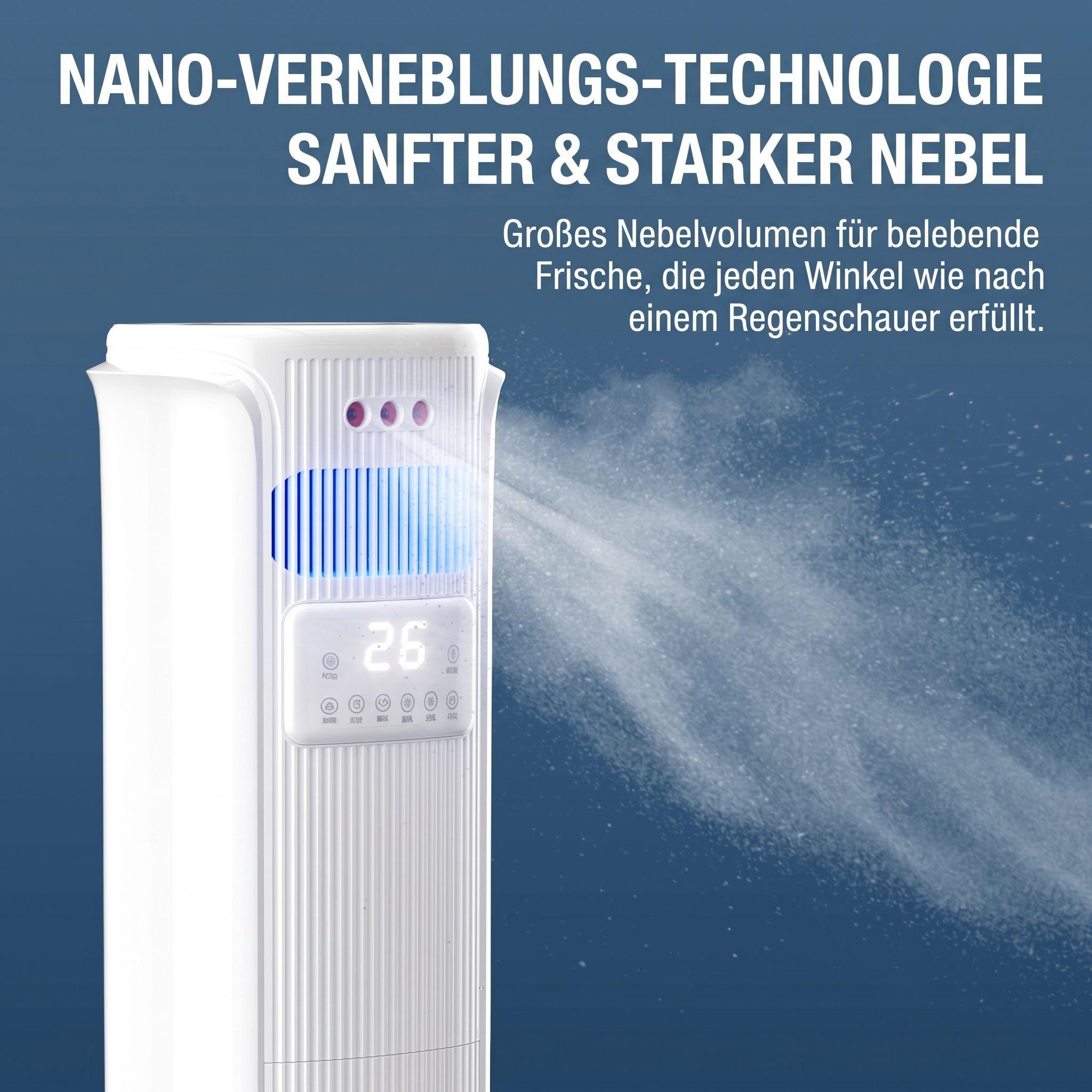 Ein weißes Klimagerätstößt vor blauem Hintergrund starken Nebel aus, mit deutschem Werbetext.