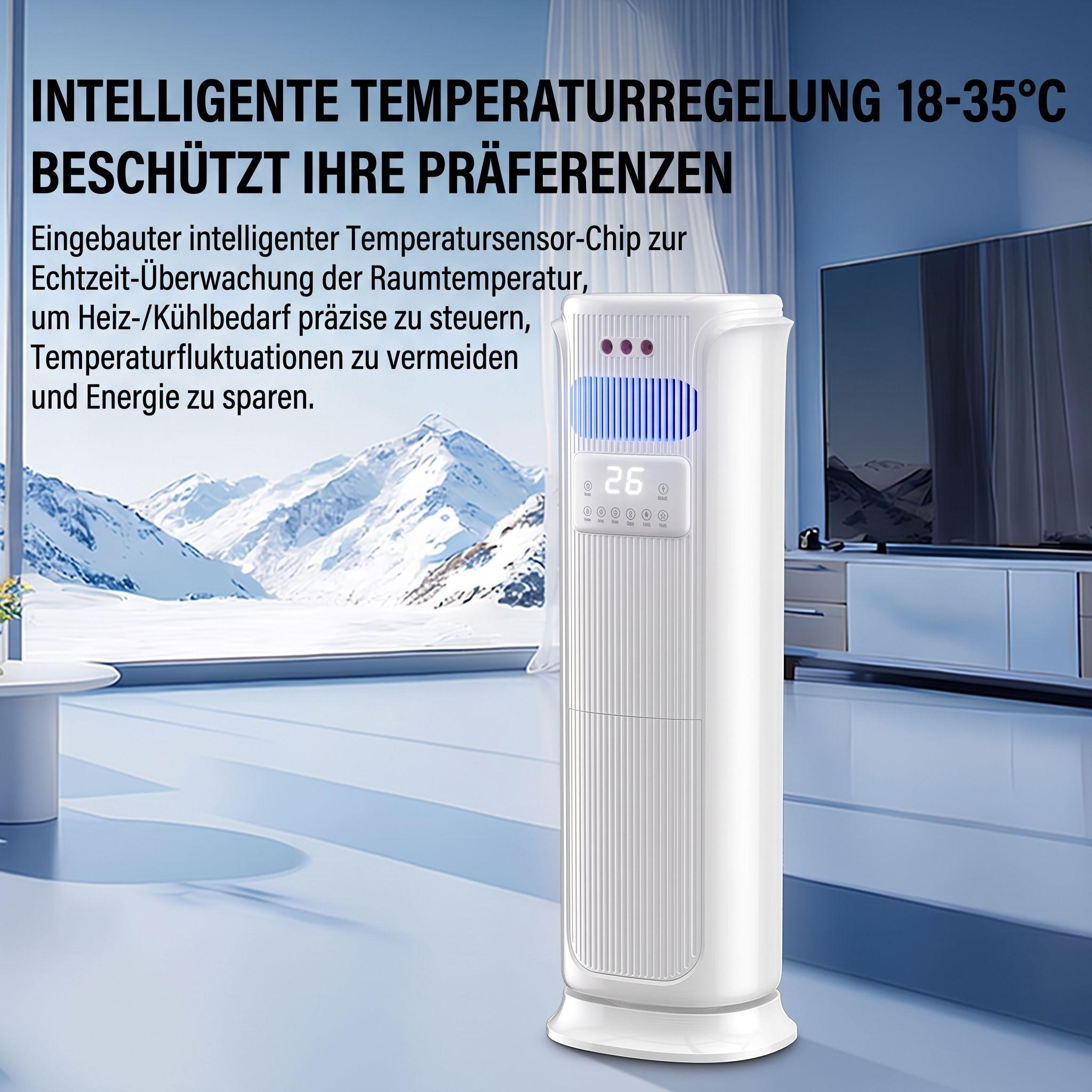 Ein weißer Turmventilator in einem blauen Zimmer mit schneebedeckten Bergen im Fenster.