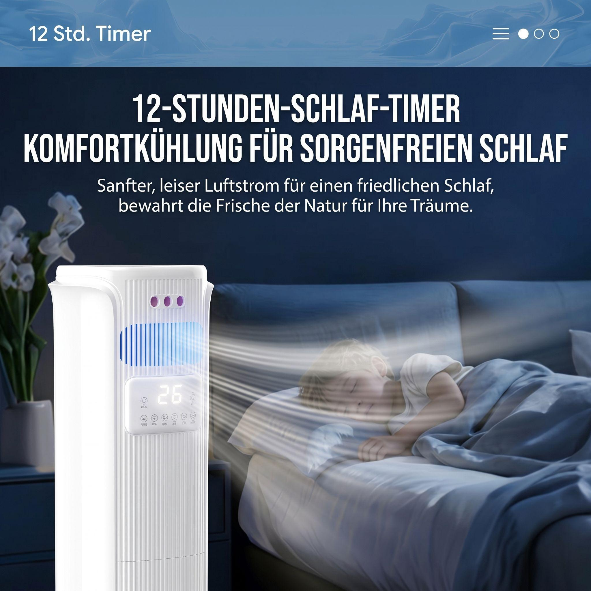Ein weißer Turmventilator steht in einem Schlafzimmer, während ein Kind friedlich im Bett schläft.