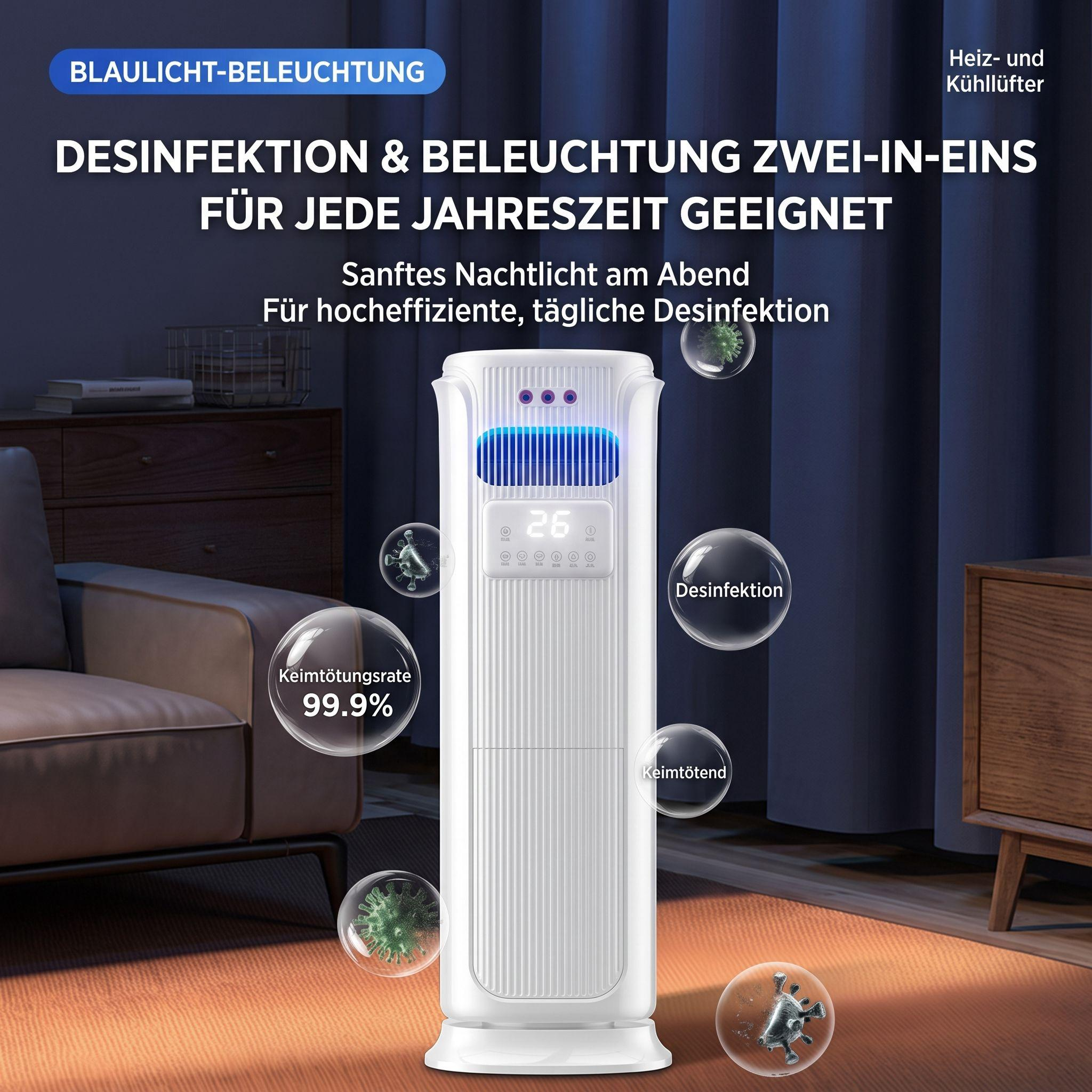 Weißer Luftreiniger mit blauer Beleuchtung und Keim-Bubbles in einem Wohnzimmer.