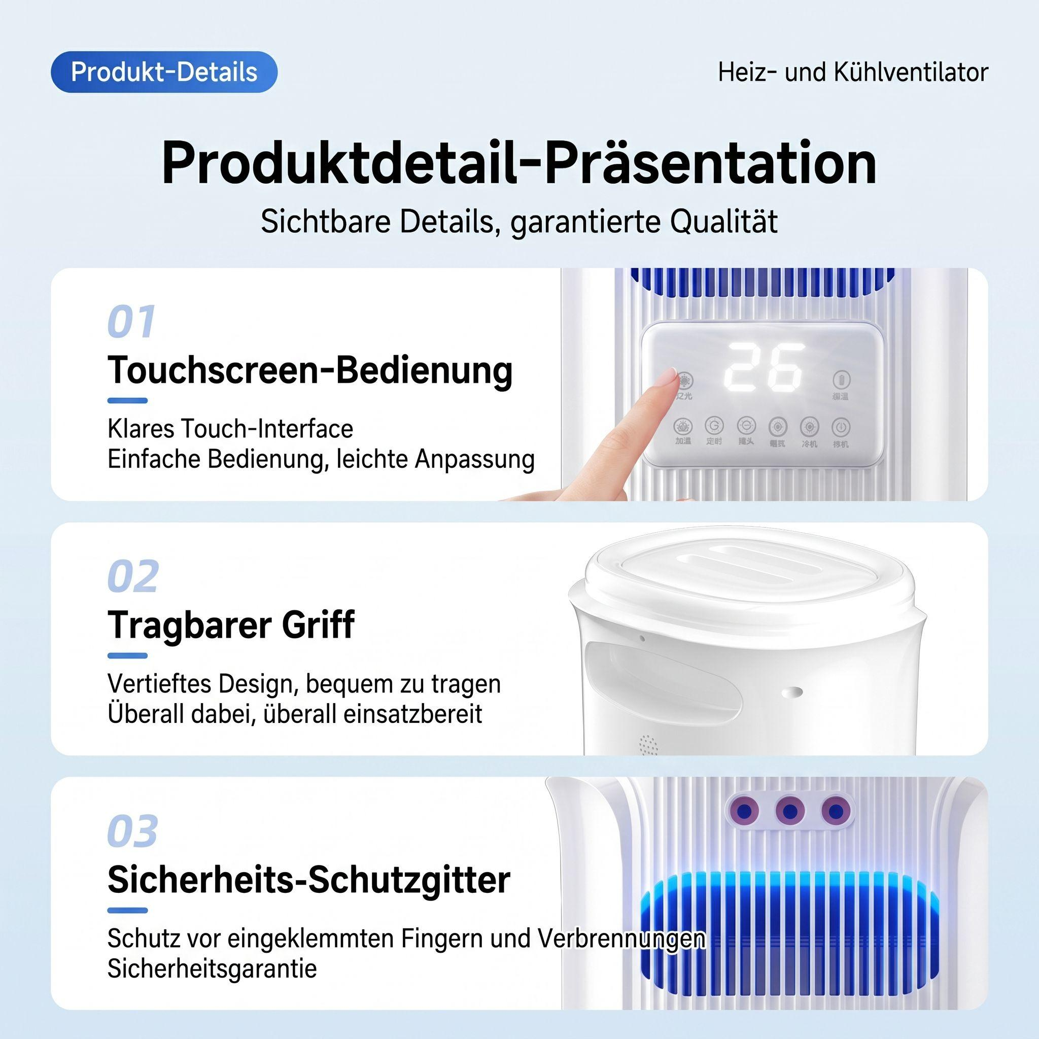 Produktpräsentation eines Heiz- und Kühlventilators mit Touchscreen, Tragegriff und Sicherheitsgitter.