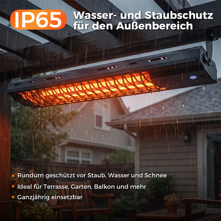 Wasserdichter Infrarot-Heizstrahler an einer Pergola bei Regen.