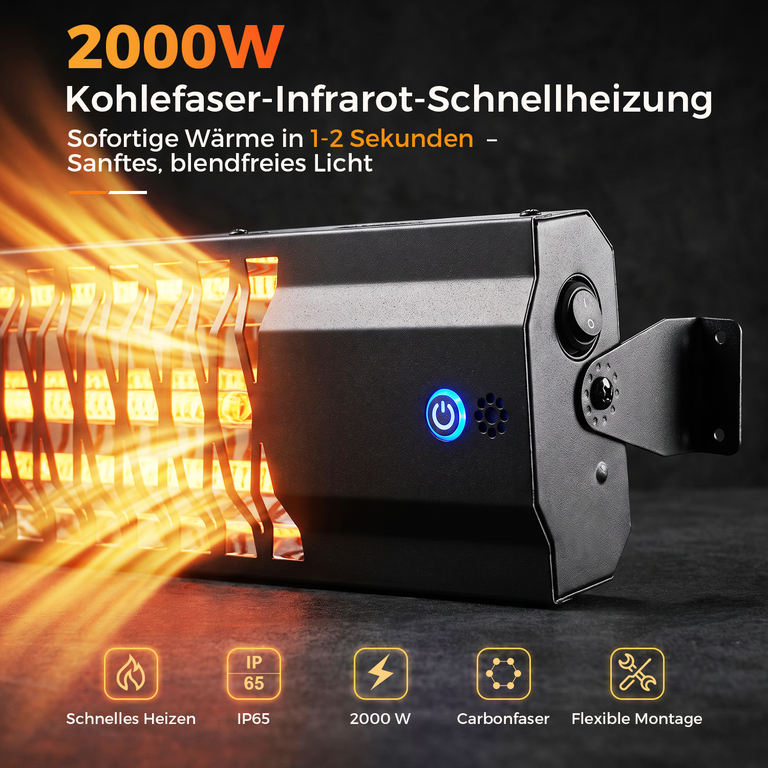 Schwarzer 2000W Infrarot-Heizstrahler mit leuchtenden Heizelementen und blauer Betriebsanzeige auf dunkelgrauem Grund.