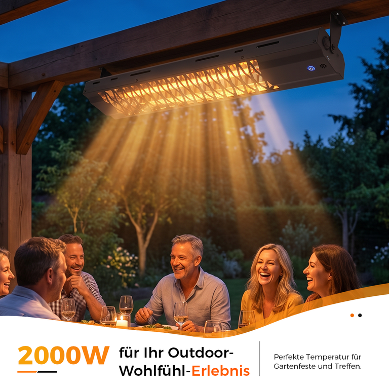 Ein Außenheizstrahler leuchtet warm über einer glücklichen Gruppe, die abends im Freien am Tisch sitzt.