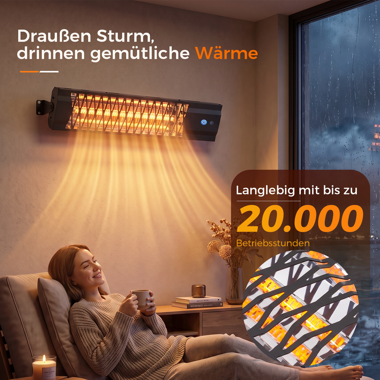 Eine Frau entspannt auf einem Sessel unter einem Wandheizstrahler, während es draußen stürmt.
