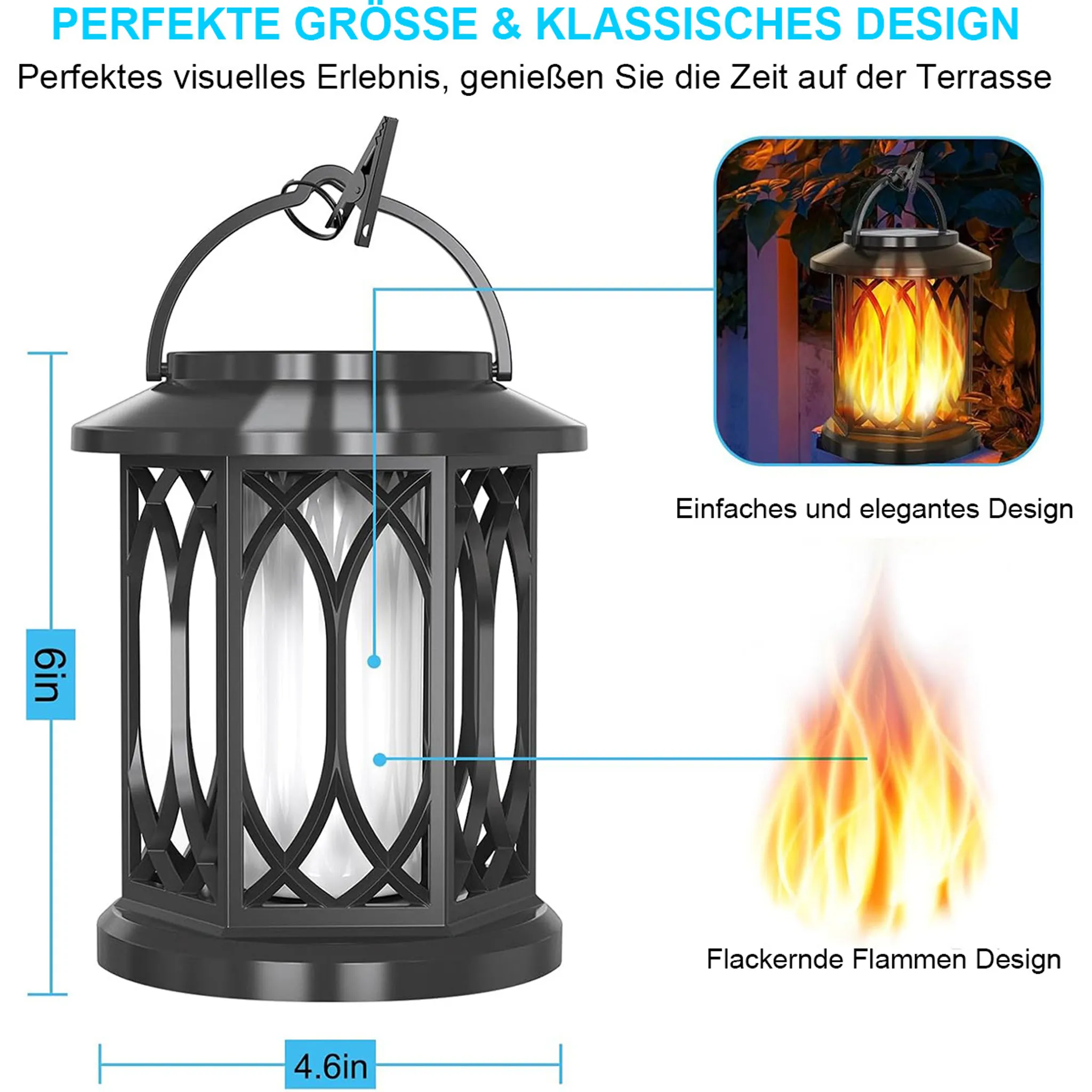 Schwarze Solarlaterne mit Maßen und flackerndem Flammeneffekt.