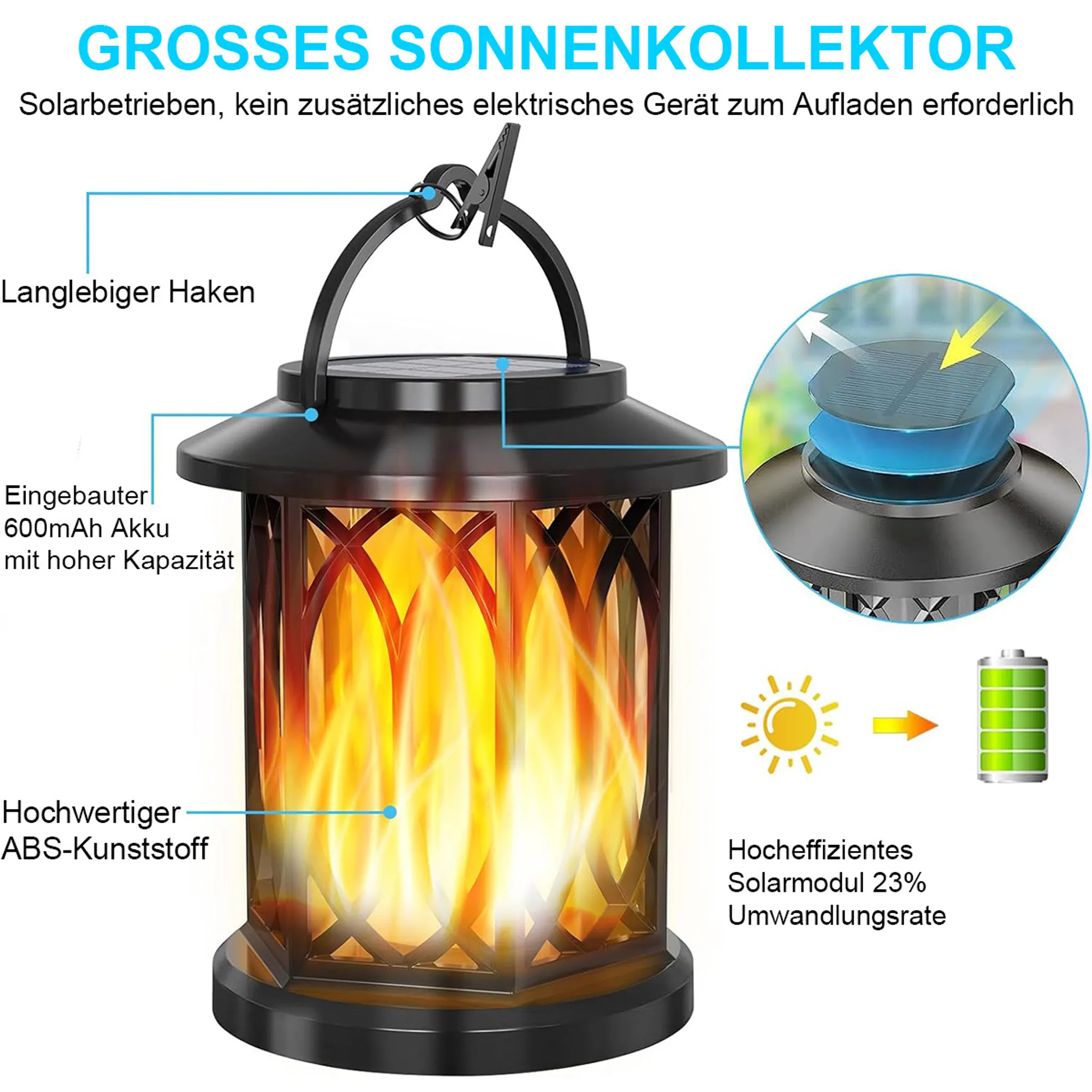 Schwarze Solarlaterne mit flackerndem Flammenlicht, Haken und Infografik-Details.
