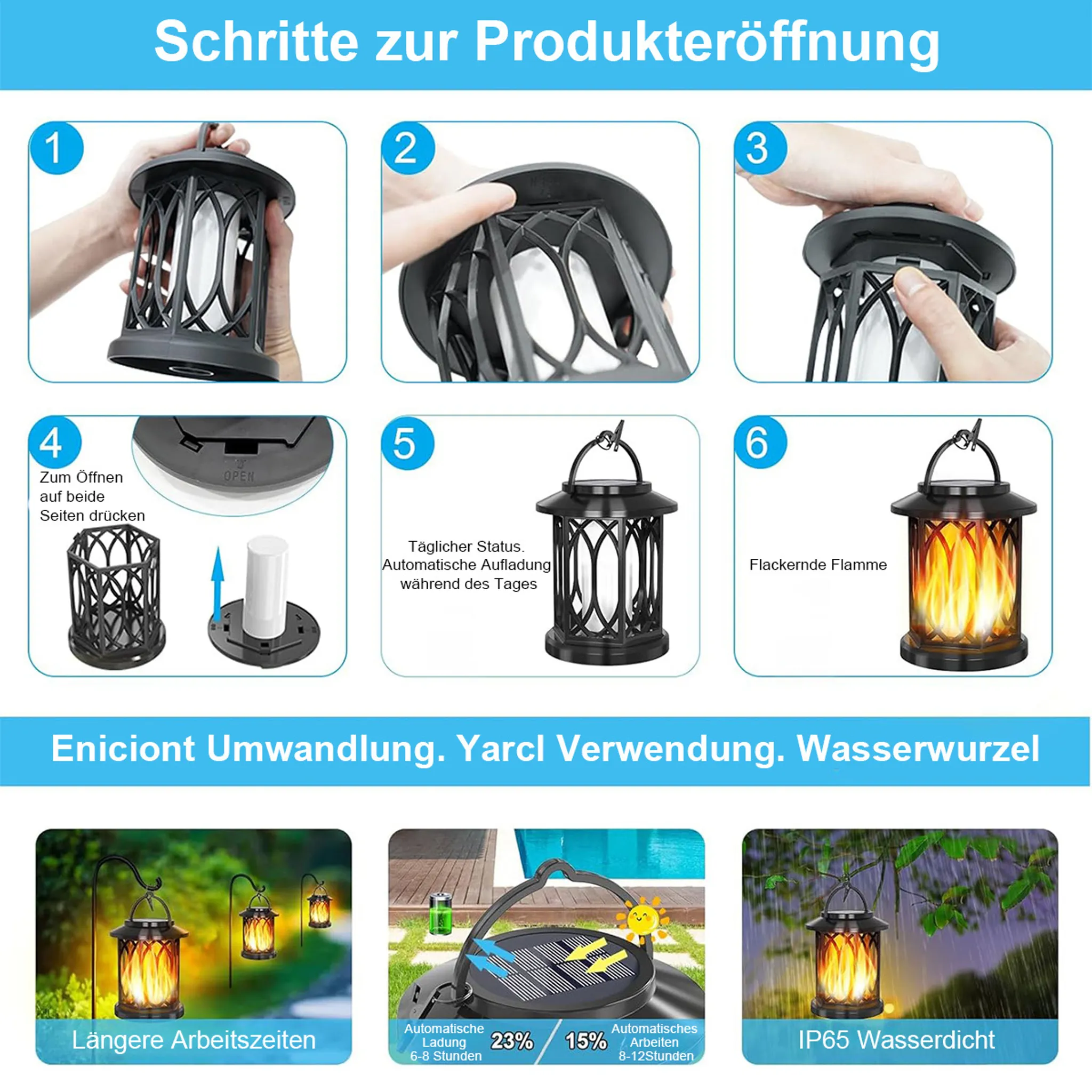 Anleitung mit sechs Schritten zum Öffnen einer Solarlaterne sowie Bildern zur Nutzung und Wasserdichtigkeit.